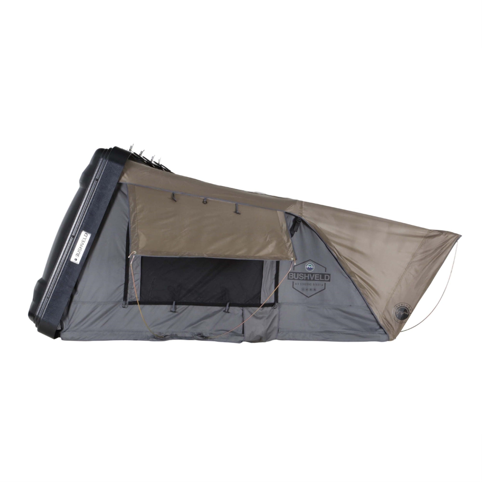Overland Vehicle Systems Bushveld Hard Shell Clam Shell Roof Top Tent With Aluminum Base Dark Grey Body And Green Rainfly - 4 Person Tent - Four Seasons Ready