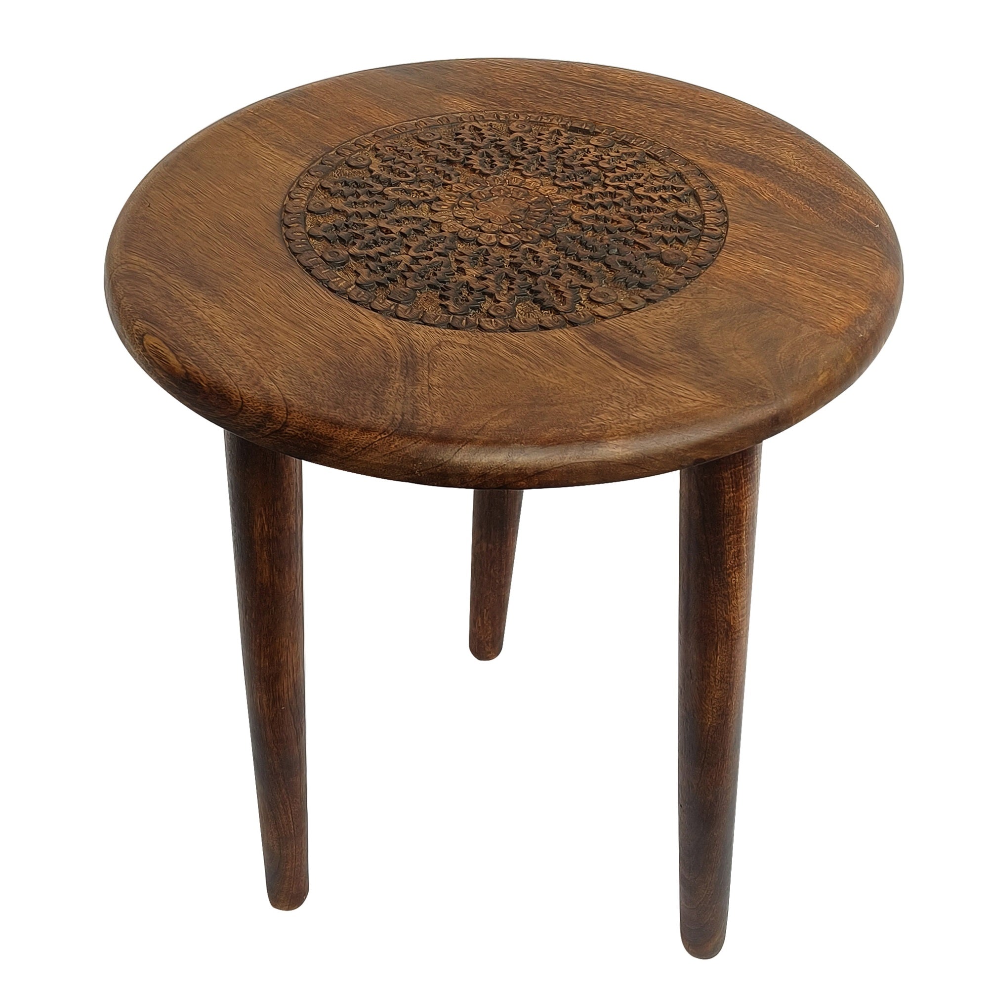 Ama 22 Inch Side End Table, Round Top, Indian Mandala Floral Carving, 3 Legs, Brown Mango Wood