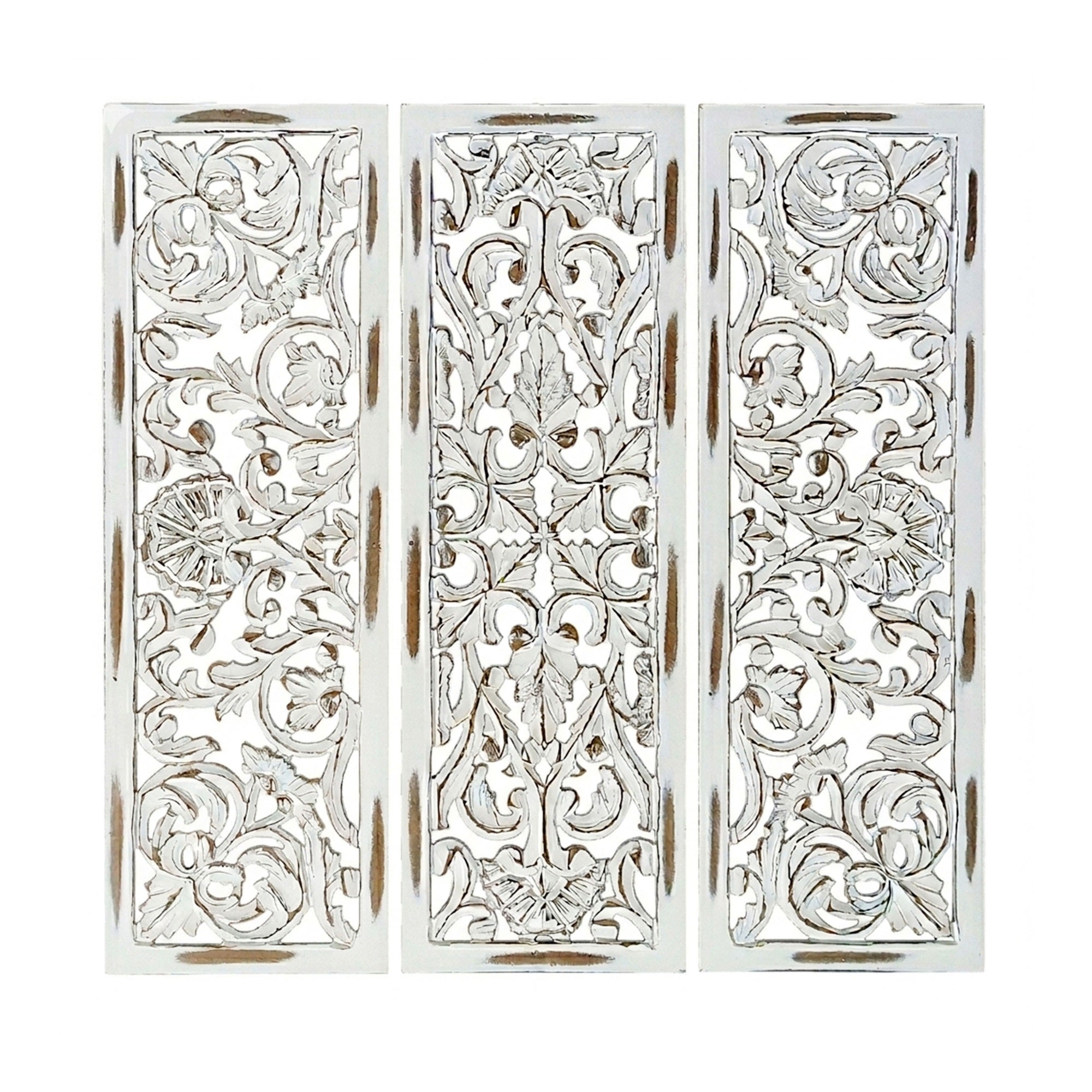 Leva 3pc Wood Wall Decor Set, Moroccan Floral Carving, Antique White Finish, 36 Inch Square