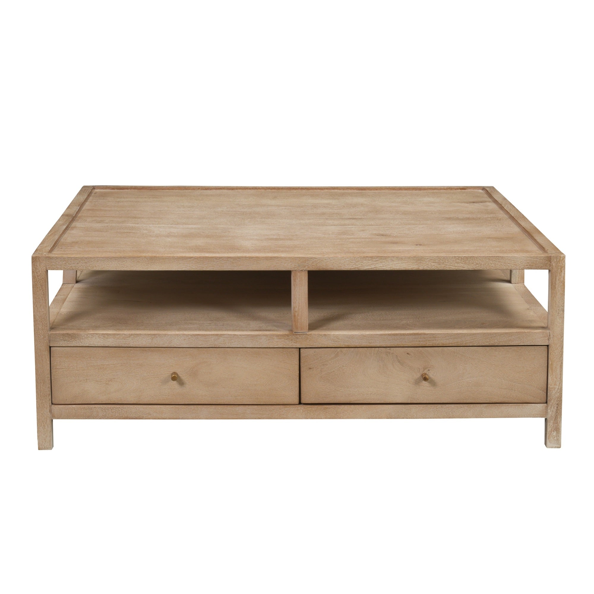 Hika 45 Inch Square Coffee Table, 4 Storage Drawers and Open Shelf, Light Brown Mango Wood