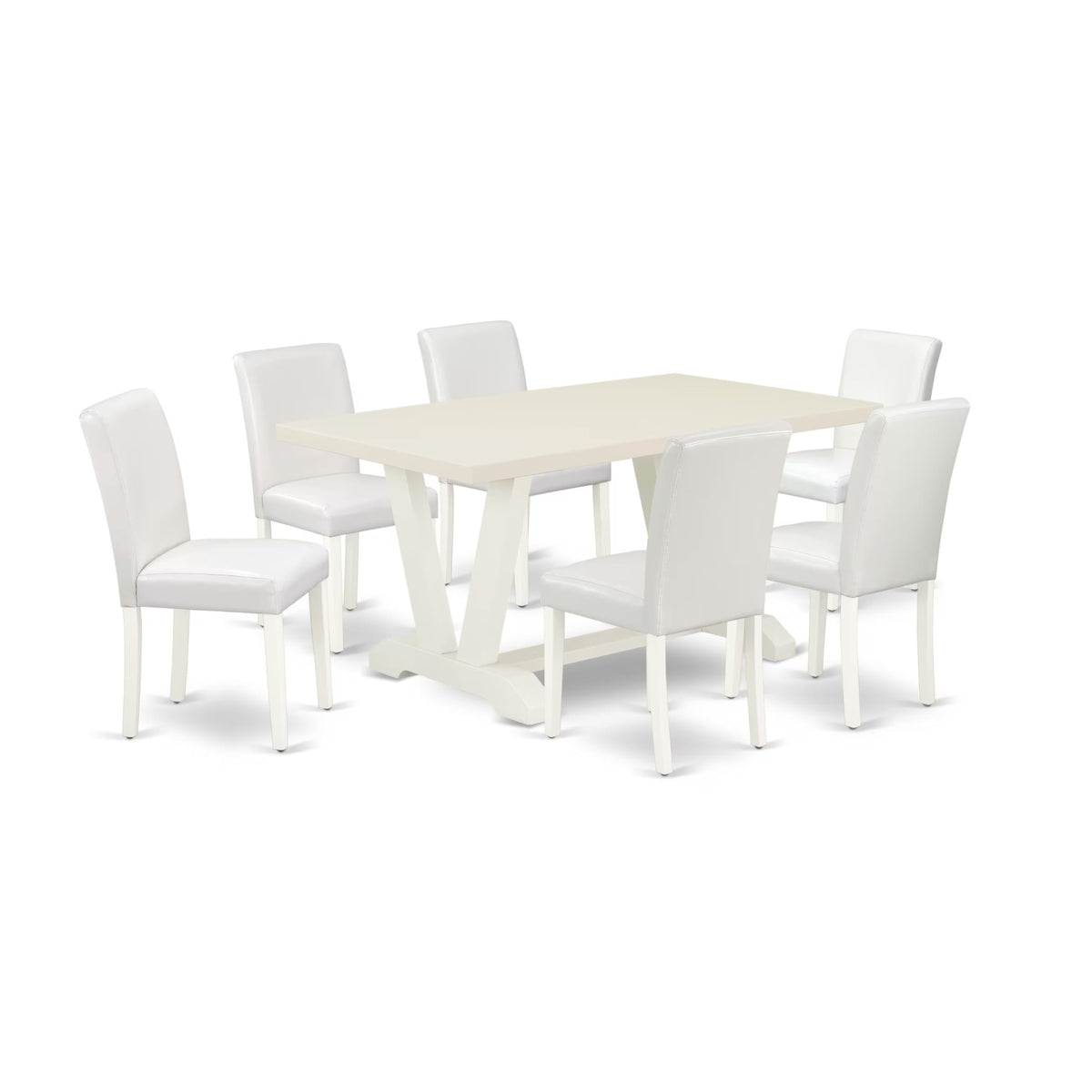 Casafoyer V-Style 7 Piece Room Furniture Set Consist Of A Rectangle Dining Table With V-Legs And 6 White Faux Leather Upholstered Chairs, 36X60 Inch, V026Ab264-7