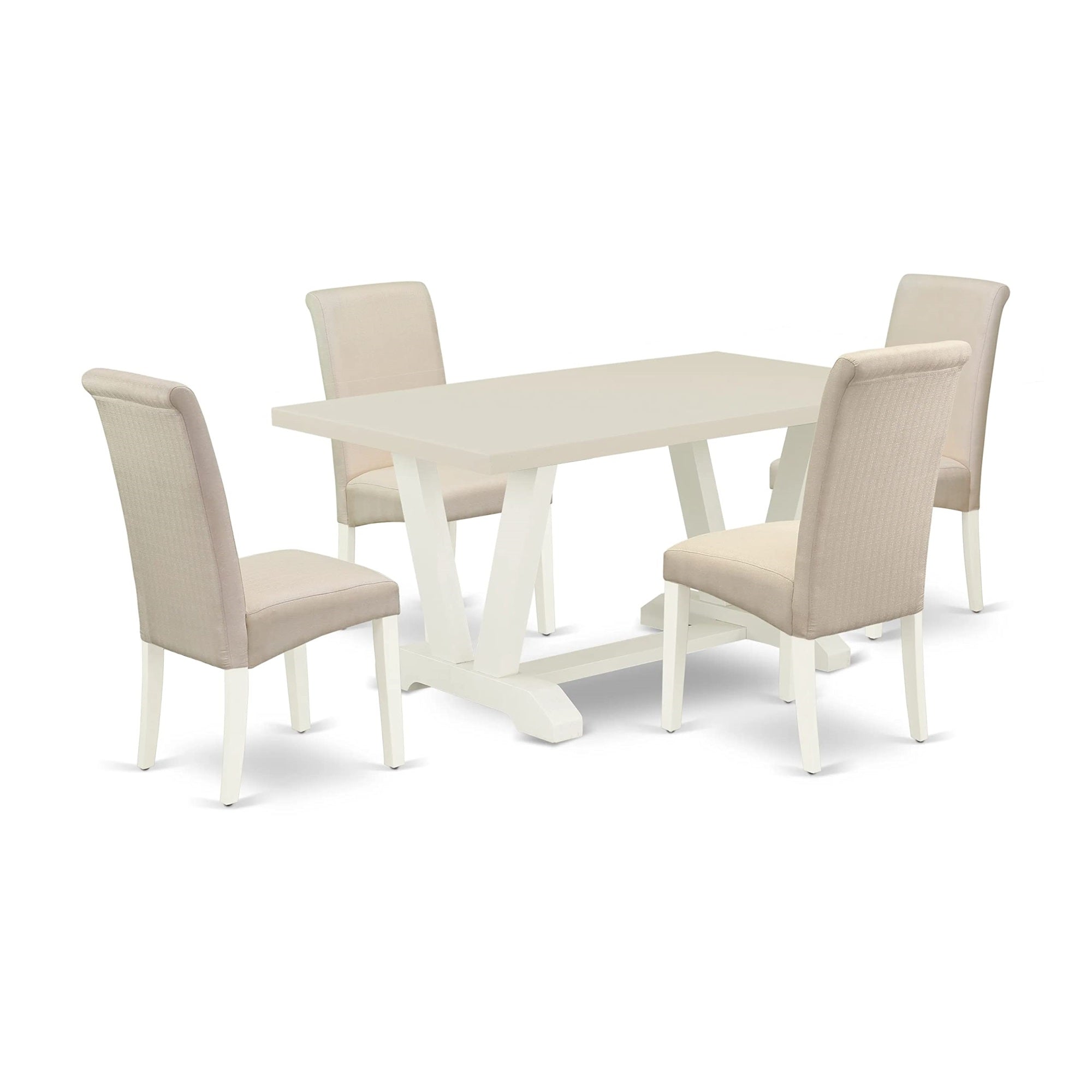 East West Furniture V026Ba201-5 5 Piece Dinette Set For 4 Includes A Rectangle Room Table With V-Legs And 4 Cream Linen Fabric Parsons Dining Chairs, 36X60 Inch