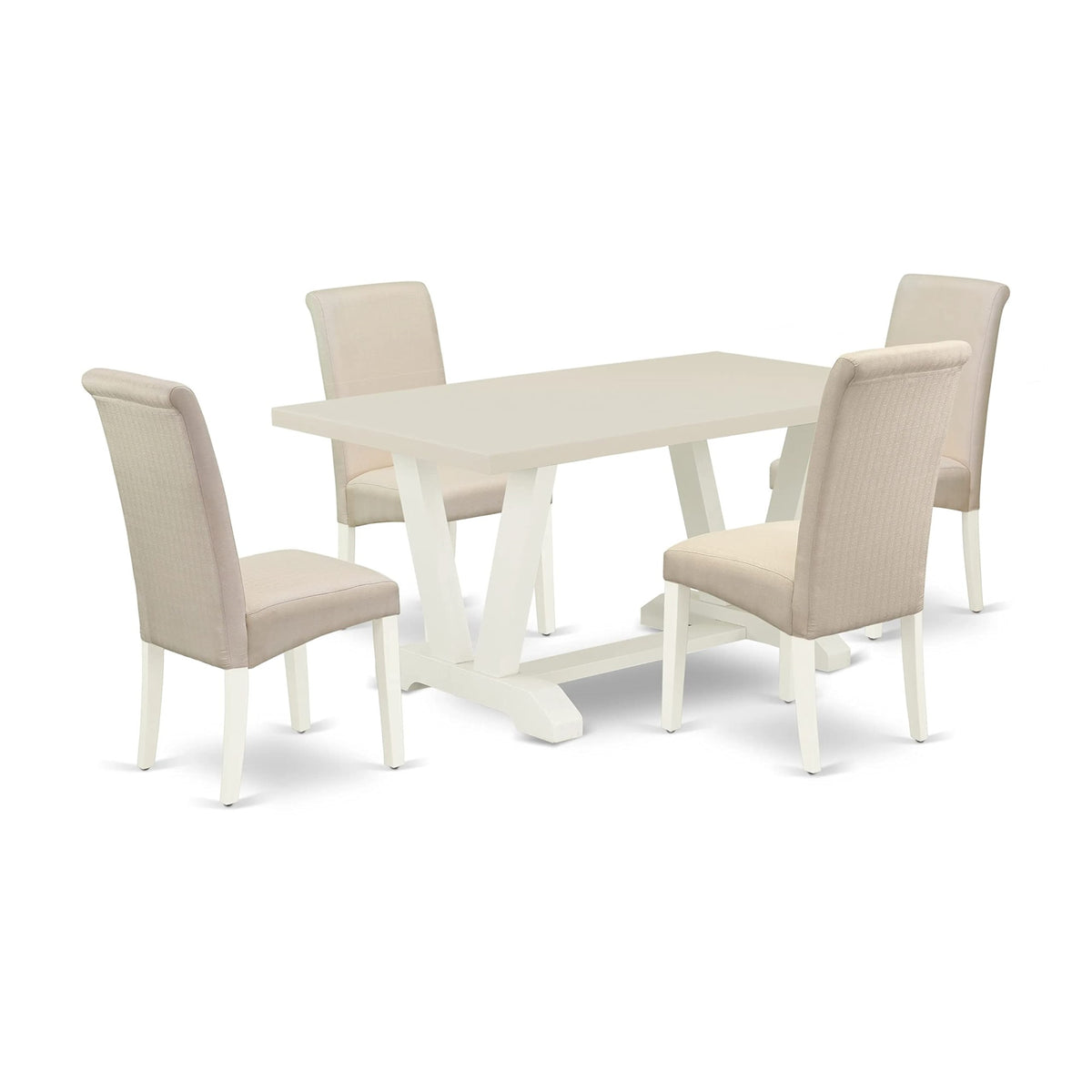 East West Furniture V026Ba201-5 5 Piece Dinette Set For 4 Includes A Rectangle Room Table With V-Legs And 4 Cream Linen Fabric Parsons Dining Chairs, 36X60 Inch