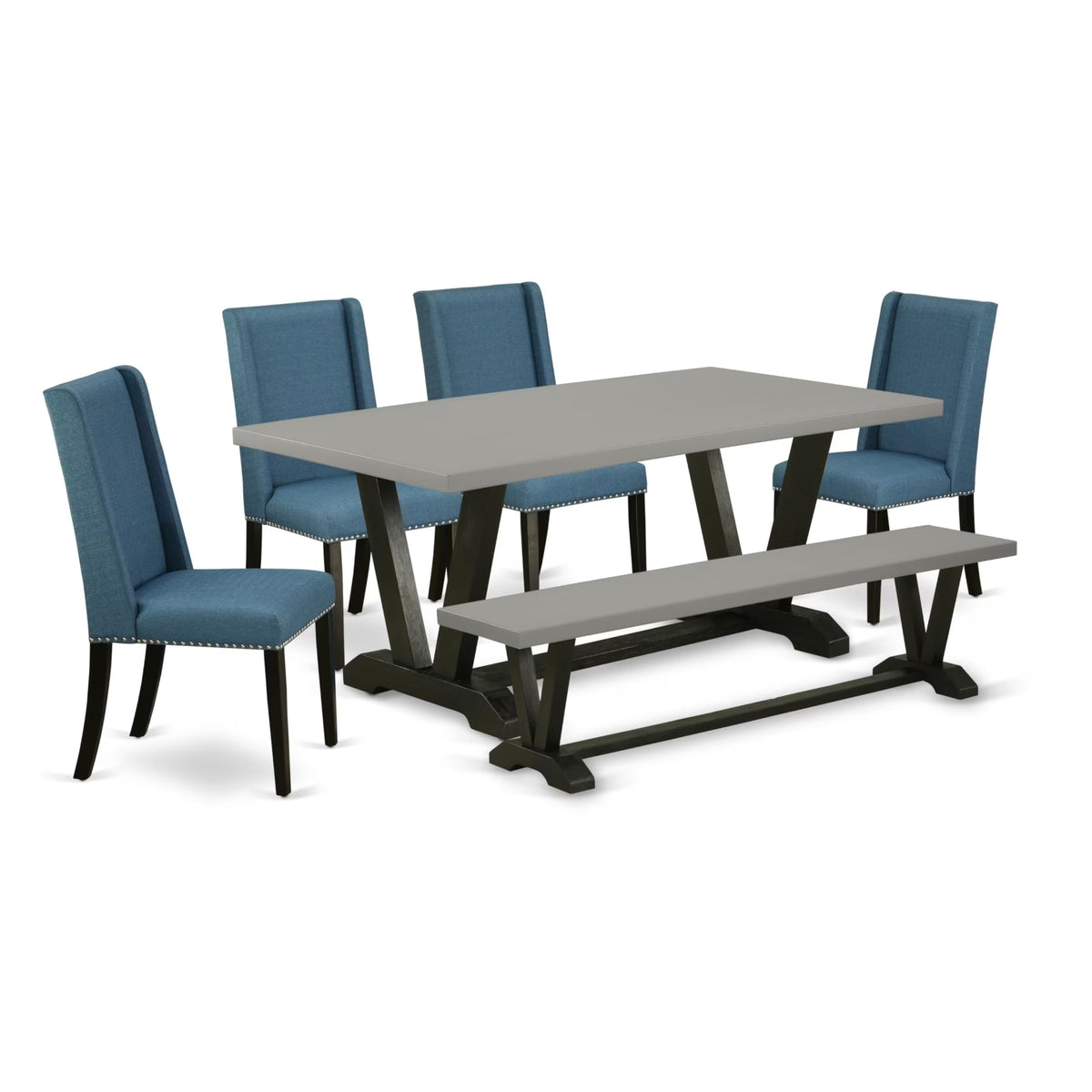 Casafoyer V697Fl121-6 6 Piece Dining Room Furniture Set Contains A Rectangle Dining Table With V-Legs And 4 Blue Linen Fabric Parson Chairs With A Bench, 40X72 Inch, Multi-Color