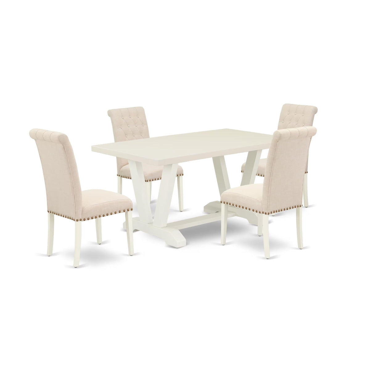 Casafoyer V026Br202-5 5 Piece Modern Dining Table Set Includes A Rectangle Wooden Table With V-Legs And 4 Light Beige Linen Fabric Upholstered Chairs, 36X60 Inch, Multi-Color