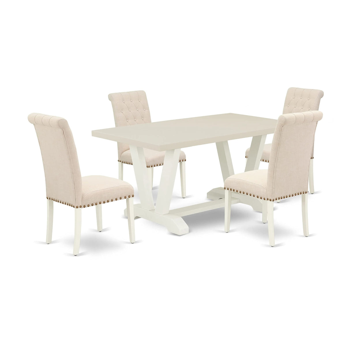 East West Furniture V026Br202-5 5 Piece Modern Dining Set Includes A Rectangle Wooden Table With V-Legs And 4 Light Beige Linen Fabric Upholstered Chairs, 36X60 Inch