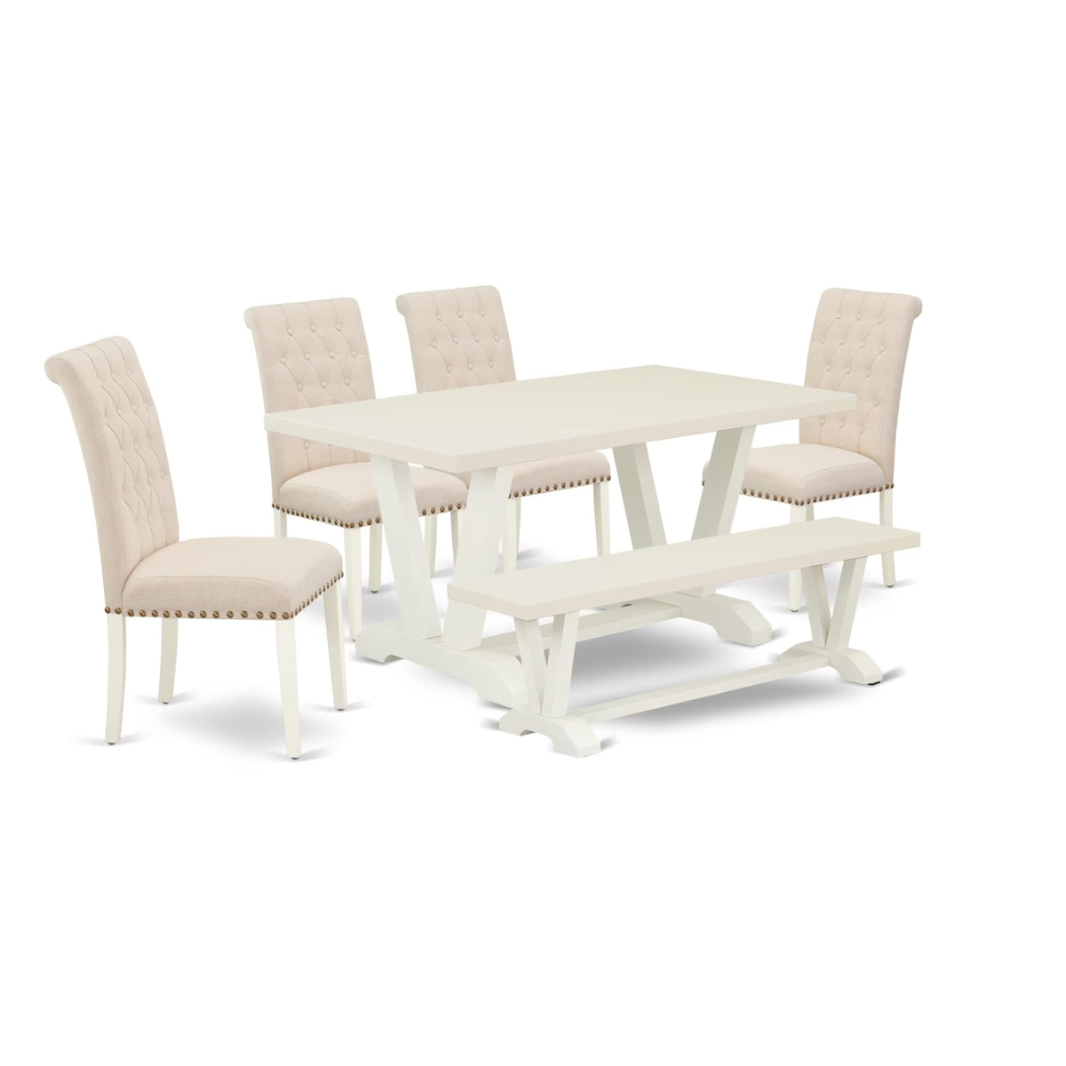 Casafoyer V026Br202-6 6 Piece Dining Set Contains A Rectangle Dining Room Table With V-Legs And 4 Light Beige Linen Fabric Parson Chairs With A Bench, 36X60 Inch, Multi-Color