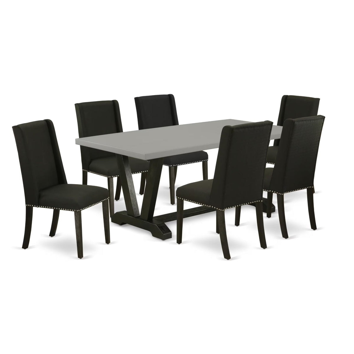 Casafoyer V697Fl624-7 7 Piece Modern Dining Table Set Consist Of A Rectangle Wooden Table With V-Legs And 6 Black Linen Fabric Parson Dining Chairs, 40X72 Inch, Multi-Color