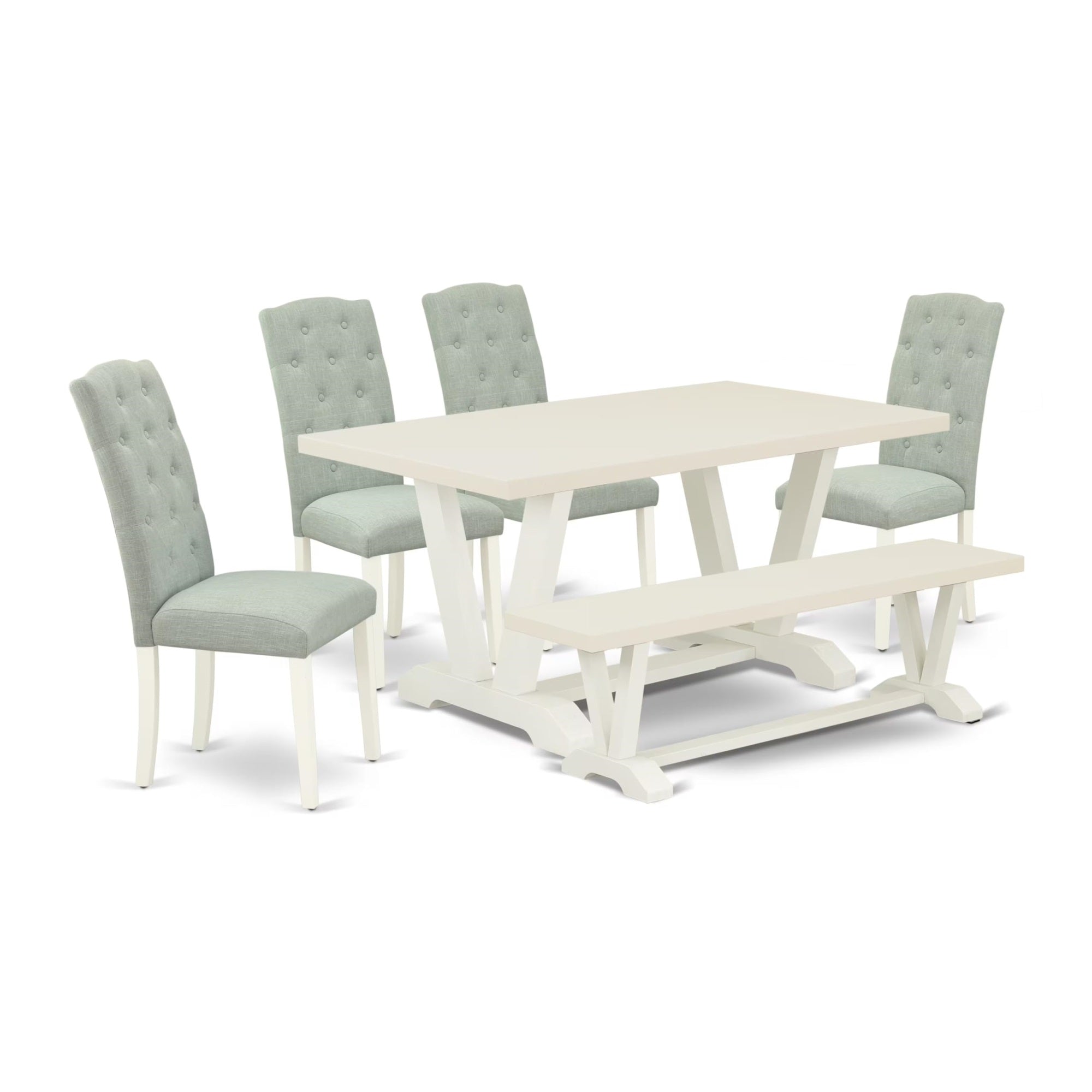 Casafoyer V026Ce215-6 6 Piece Dining Room Table Set Contains A Rectangle Kitchen Table With V-Legs And 4 Baby Blue Linen Fabric Parson Chairs With A Bench, 36X60 Inch, Multi-Color