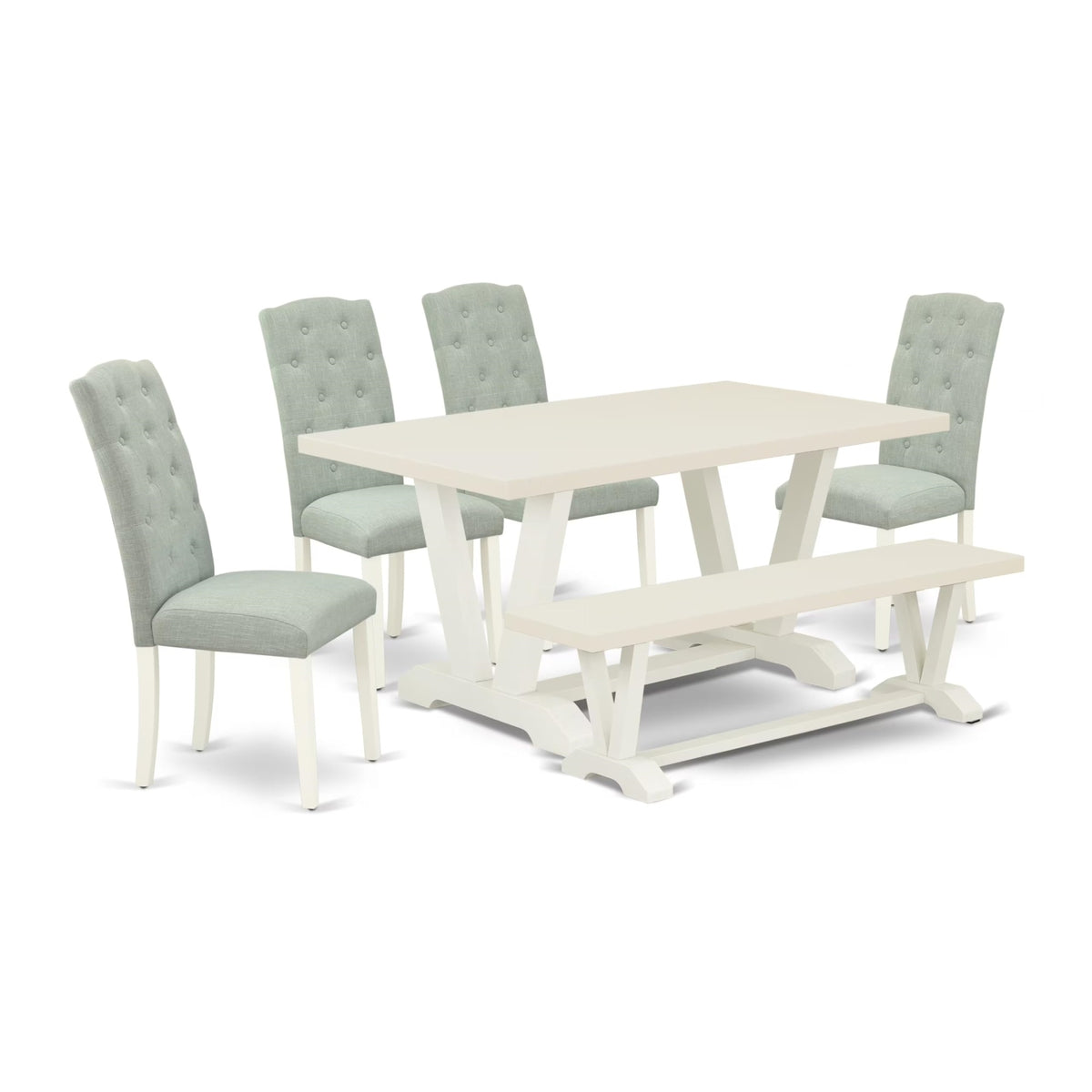 Casafoyer V026Ce215-6 6 Piece Dining Room Table Set Contains A Rectangle Kitchen Table With V-Legs And 4 Baby Blue Linen Fabric Parson Chairs With A Bench, 36X60 Inch, Multi-Color