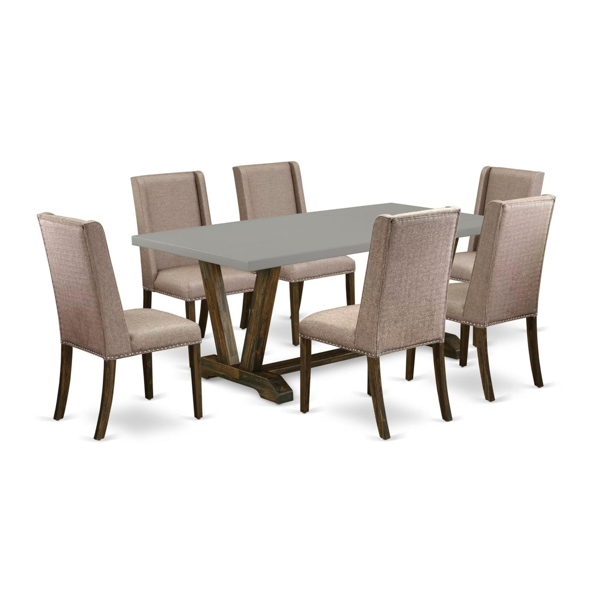 Casafoyer V-Style 7 Piece Room Furniture Set Consist Of A Rectangle Dining Table With V-Legs And 6 Dark Khaki Linen Fabric Parsons Chairs, 40X72 Inch, Multi-Color