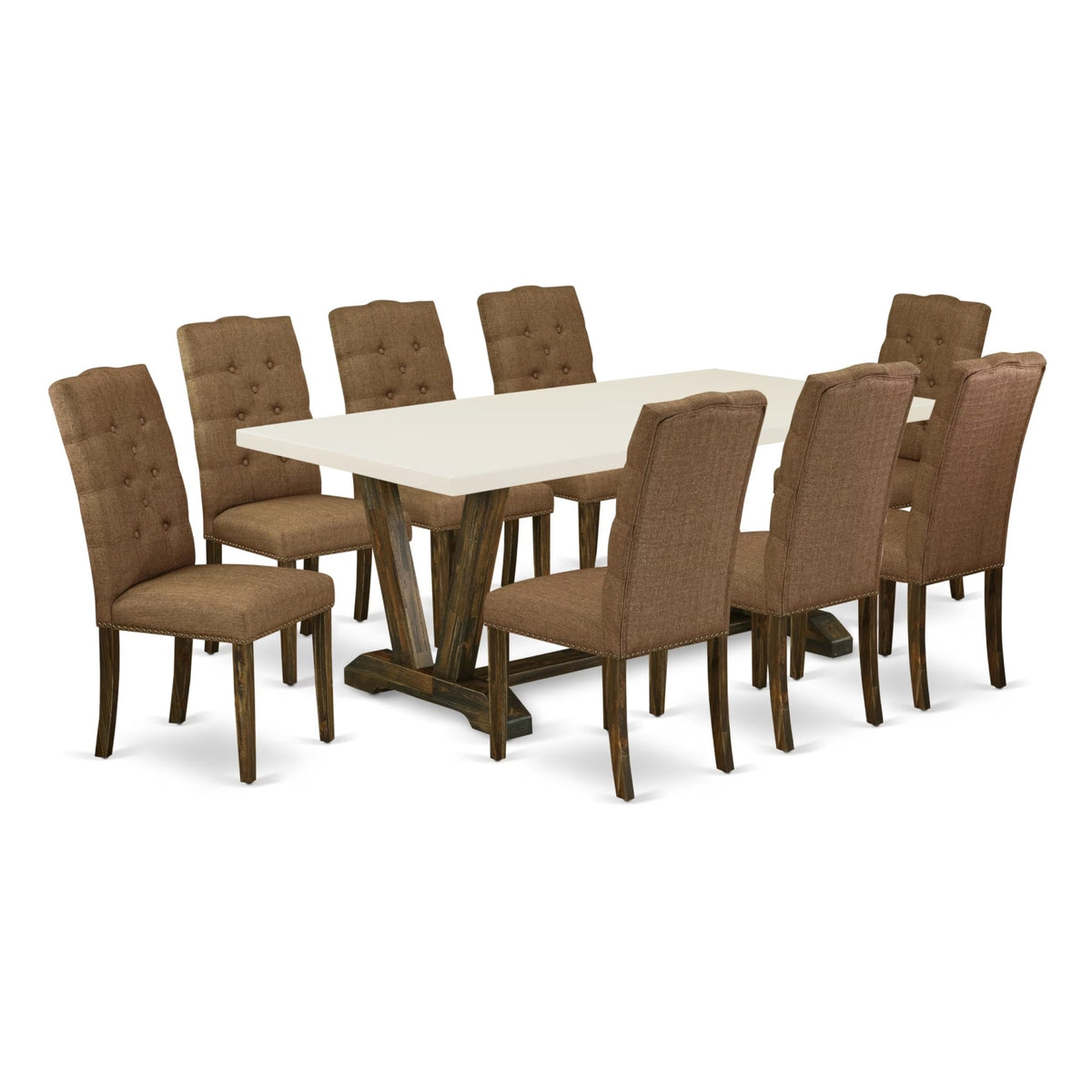Casafoyer V-Style 9 Piece Kitchen Set Includes A Rectangle Table With V-Legs And 8 Brown Linen Fabric Parson Dining Room Chairs, 40X72 Inch, V727El718-9