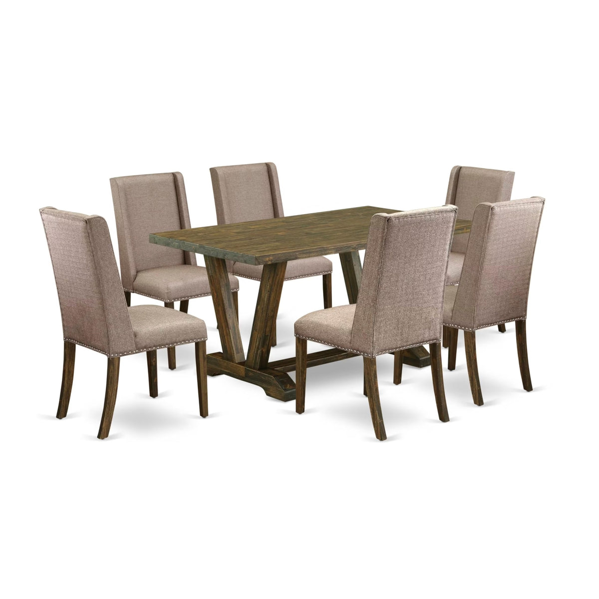 Casafoyer V776Fl716-7 7 Piece Dining Room Table Set Consist Of A Rectangle Dining Table With V-Legs And 6 Dark Khaki Linen Fabric Upholstered Chairs, 36X60 Inch, Multi-Color