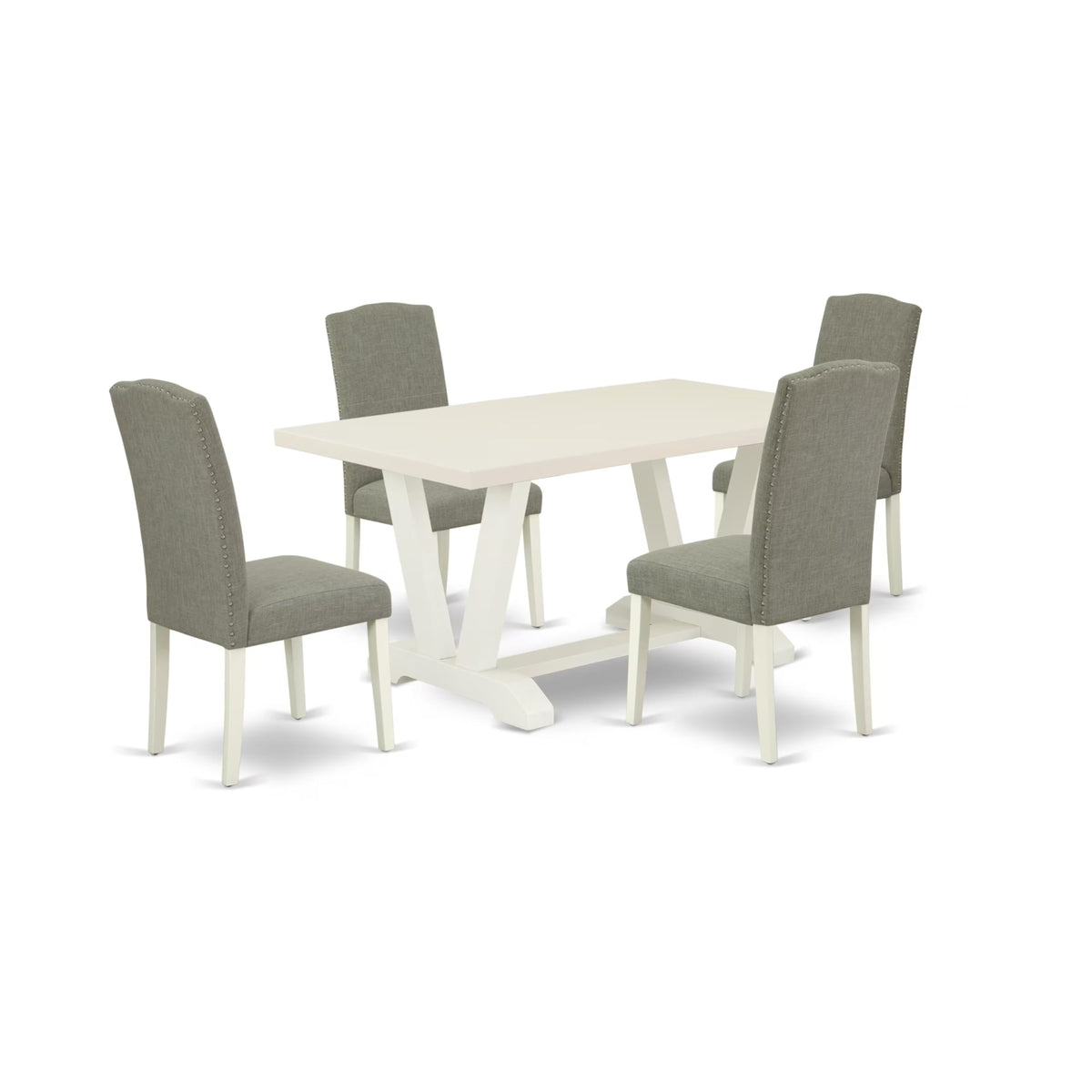 Casafoyer V026En206-5 5 Piece Modern Dining Table Set Includes A Rectangle Wooden Table With V-Legs And 4 Dark Shitake Linen Fabric Parsons Dining Chairs, 36X60 Inch, Multi-Color