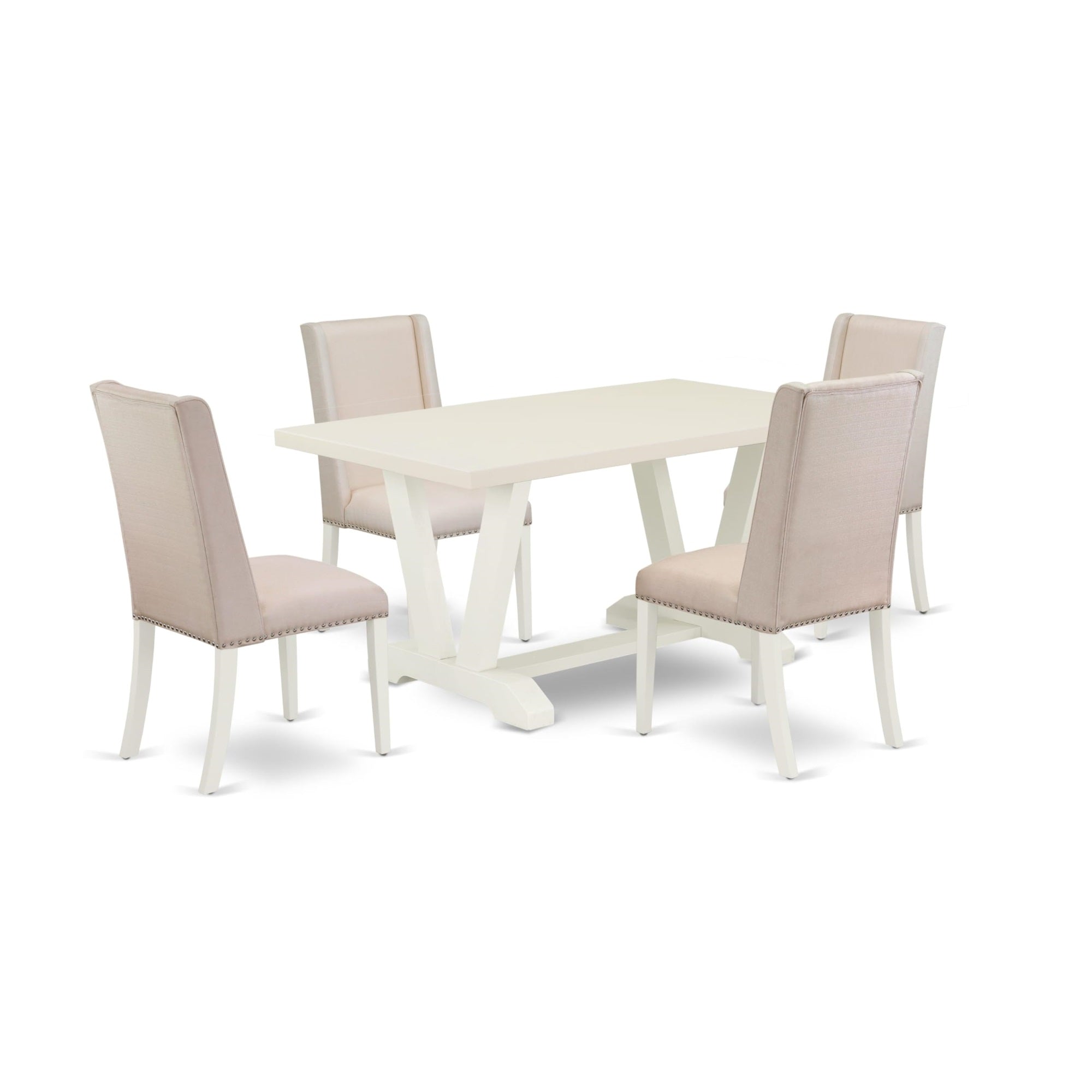 Casafoyer V-Style 5 Piece Kitchen Set For 4 Includes A Rectangle Dining Room Table With V-Legs And 4 Cream Linen Fabric Upholstered Chairs, 36X60 Inch, Multi-Color