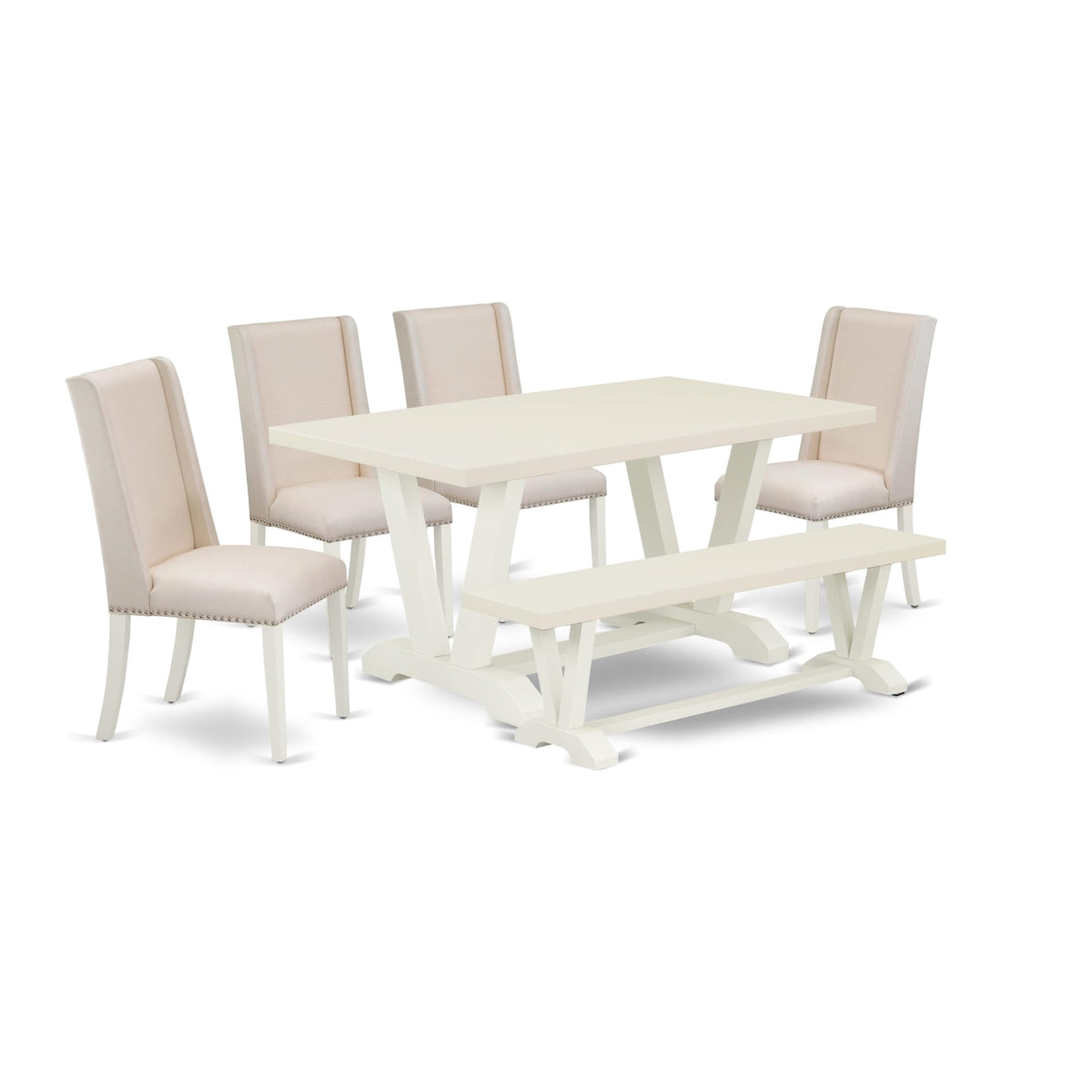 Casafoyer V-Style 6 Piece Dining Set Contains A Rectangle Kitchen Table With V-Legs And 4 Cream Linen Fabric Upholstered Chairs With A Bench, 36X60 Inch, Multi-Color