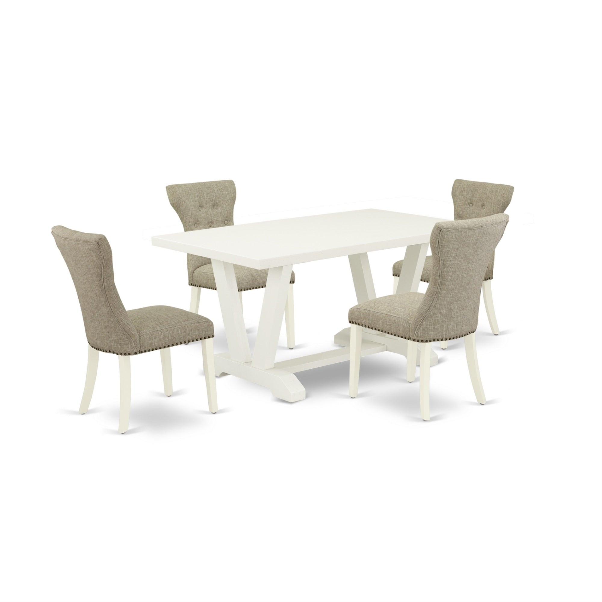 East West Furniture 5-Pc  Included 4 Kitchen Parson Chairs Upholstered Nails Head Seat And High Button Tufted Chair Back And Rectangular Dining Table With Linen White Kitchen Dining Table Top - Linen White Finish