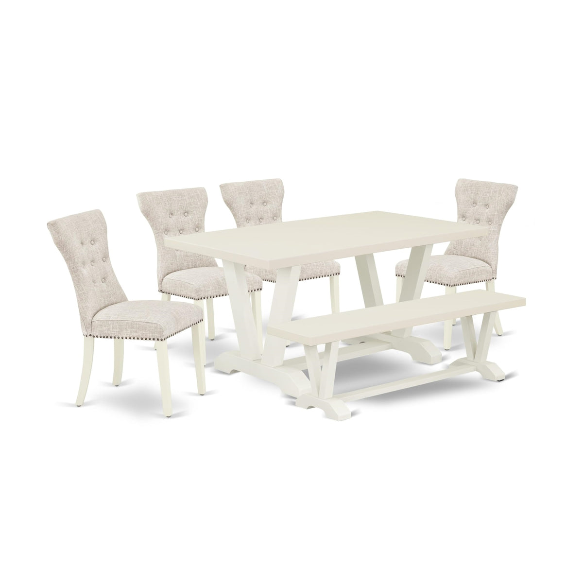 Casafoyer V026Ga235-6 6 Piece Dinette Set Contains A Rectangle Dining Table With V-Legs And 4 Doeskin Linen Fabric Parson Chairs With A Bench, 36X60 Inch, Multi-Color