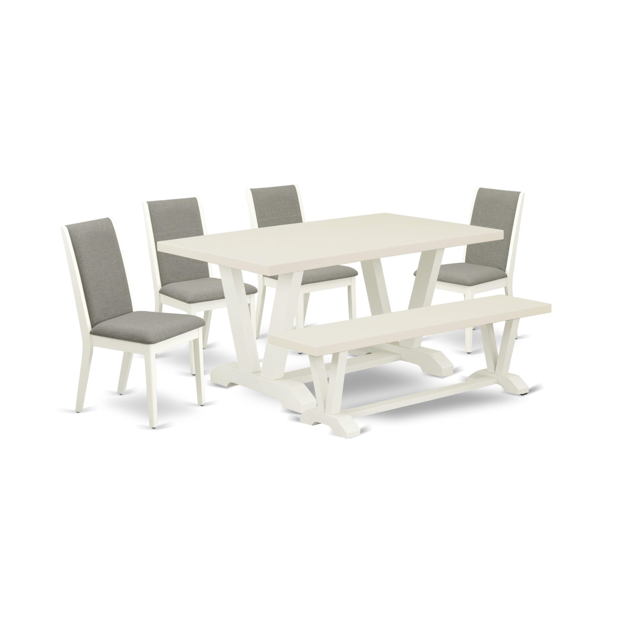 Casafoyer V026La206-6 6 Piece Dining Set Contains A Rectangle Dining Room Table With V-Legs And 4 Shitake Linen Fabric Parson Chairs With A Bench, 36X60 Inch, Multi-Color