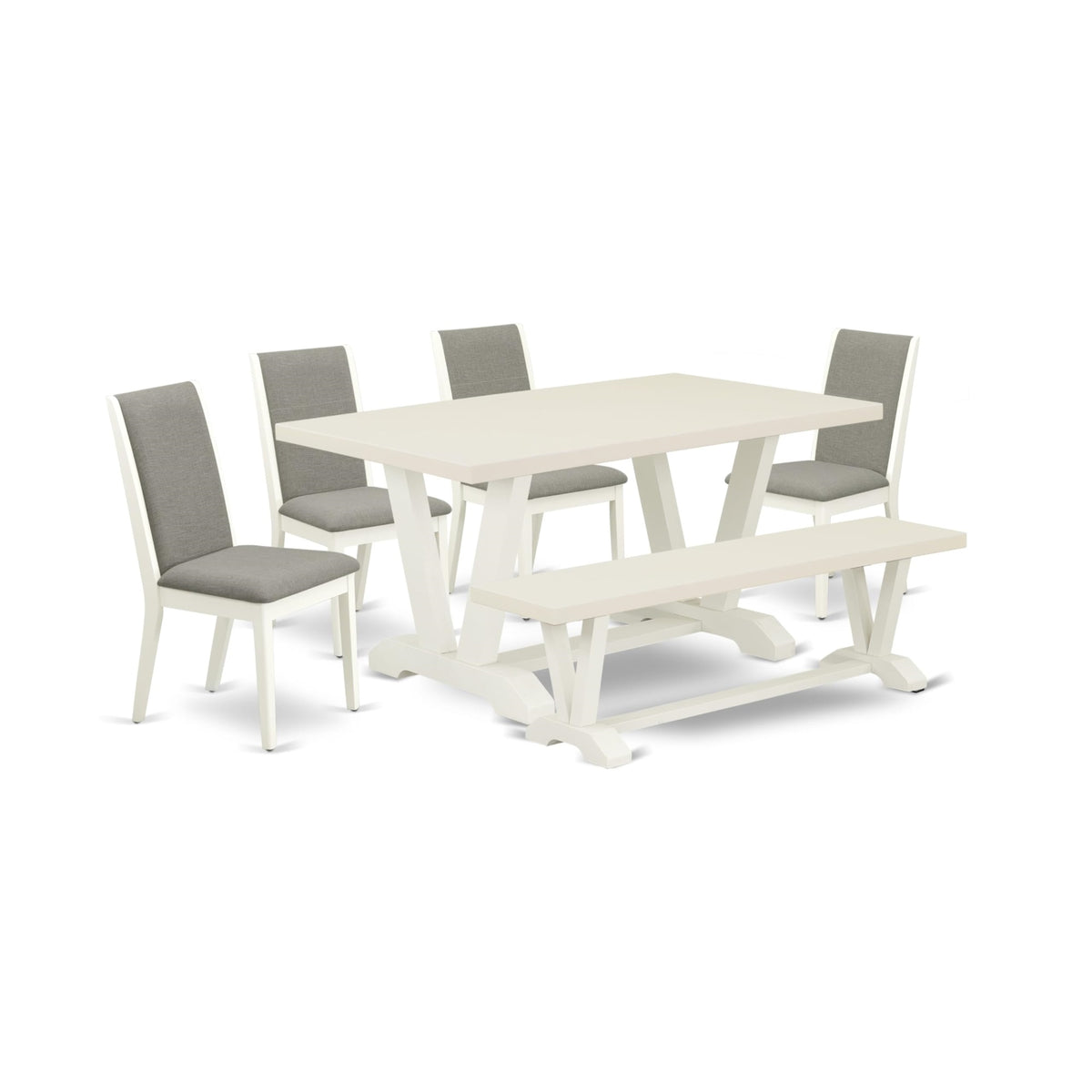 Casafoyer V026La206-6 6 Piece Dining Set Contains A Rectangle Dining Room Table With V-Legs And 4 Shitake Linen Fabric Parson Chairs With A Bench, 36X60 Inch, Multi-Color