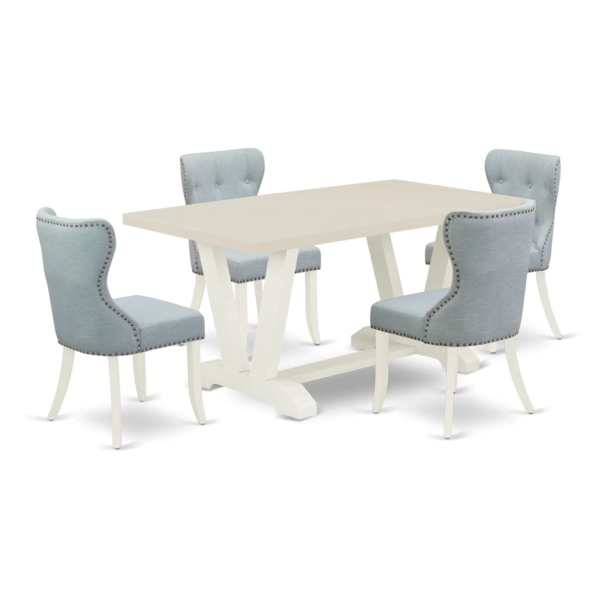 East West Furniture V026Si215-5 V-Style 5 Piece Modern Dining Set Includes A Rectangle Wooden Table With V-Legs And 4 Baby Blue Linen Fabric Upholstered Chairs, 36X60 Inch