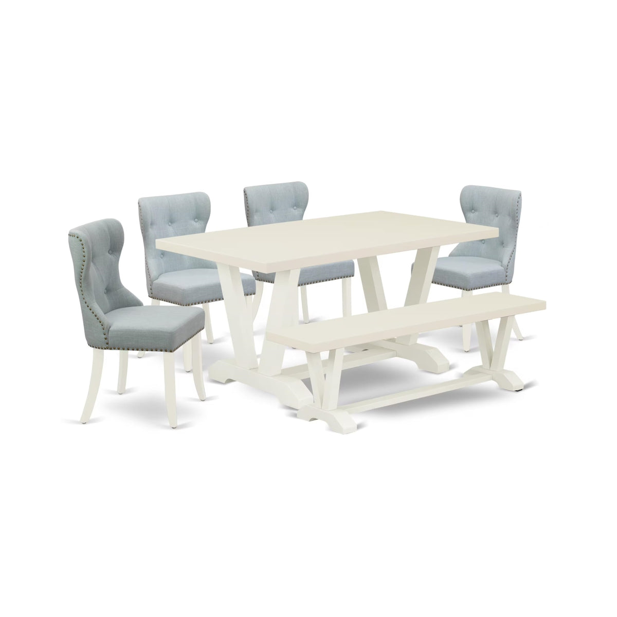 Casafoyer V026Si215-6 6 Piece Kitchen Table Set Contains A Rectangle Dining Table With V-Legs And 4 Baby Blue Linen Fabric Parson Chairs With A Bench, 36X60 Inch, Multi-Color