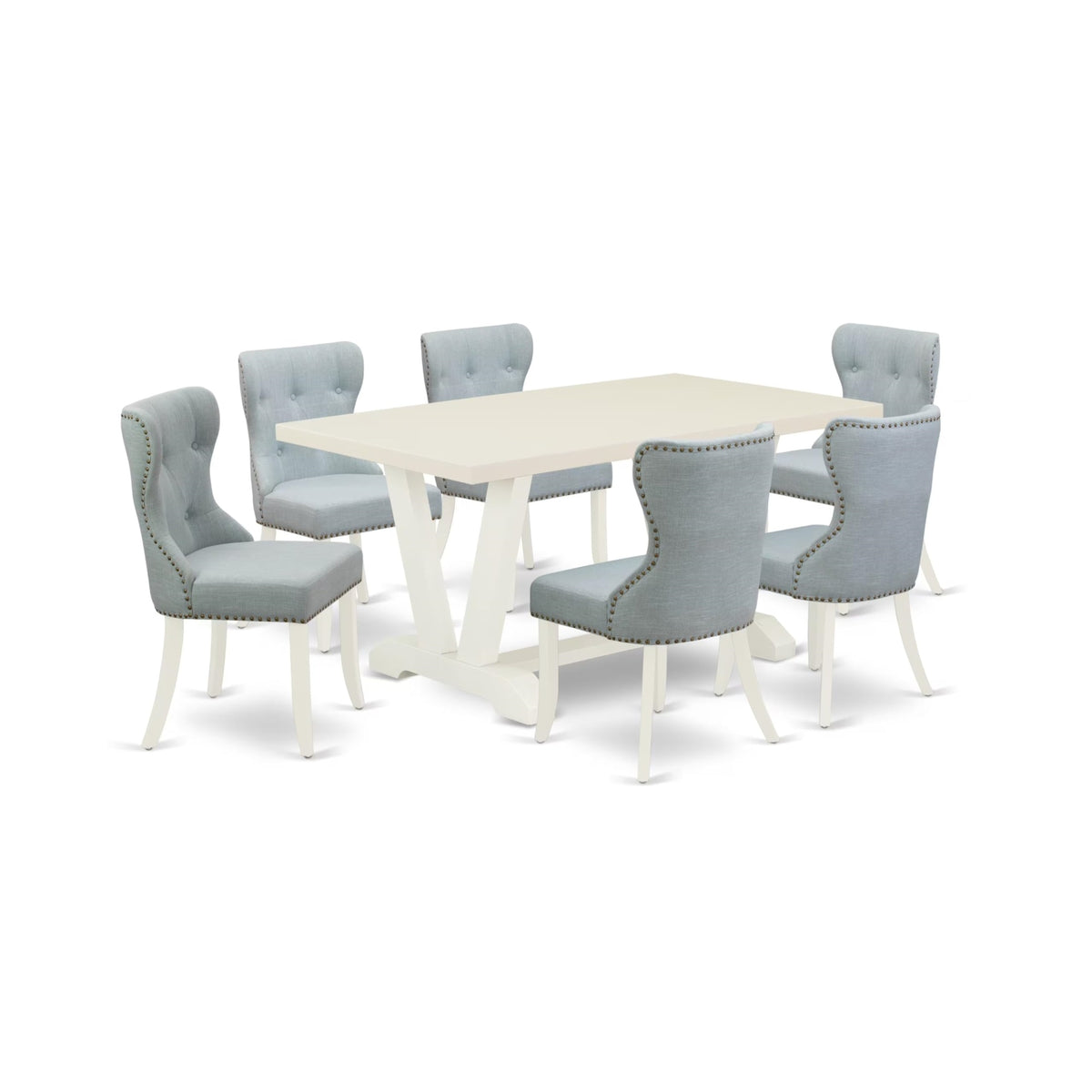 Casafoyer V-Style 7 Piece Set Consist Of A Rectangle Dining Room Table With V-Legs And 6 Baby Blue Linen Fabric Parsons Chairs, 36X60 Inch, Multi-Color