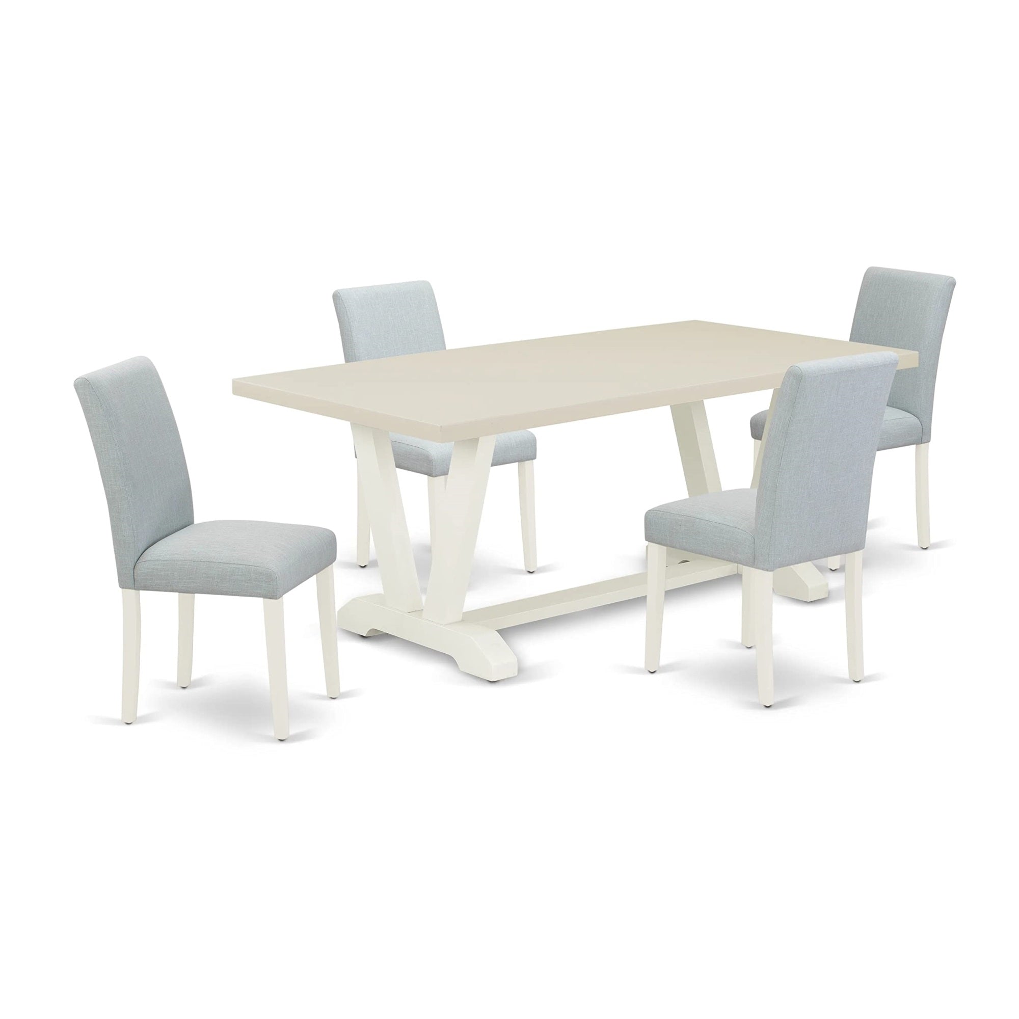 East West Furniture V027Ab015-5 V-Style 5 Piece Modern Dining Set Includes A Rectangle Wooden Table With V-Legs And 4 Baby Blue Linen Fabric Upholstered Chairs, 40X72 Inch