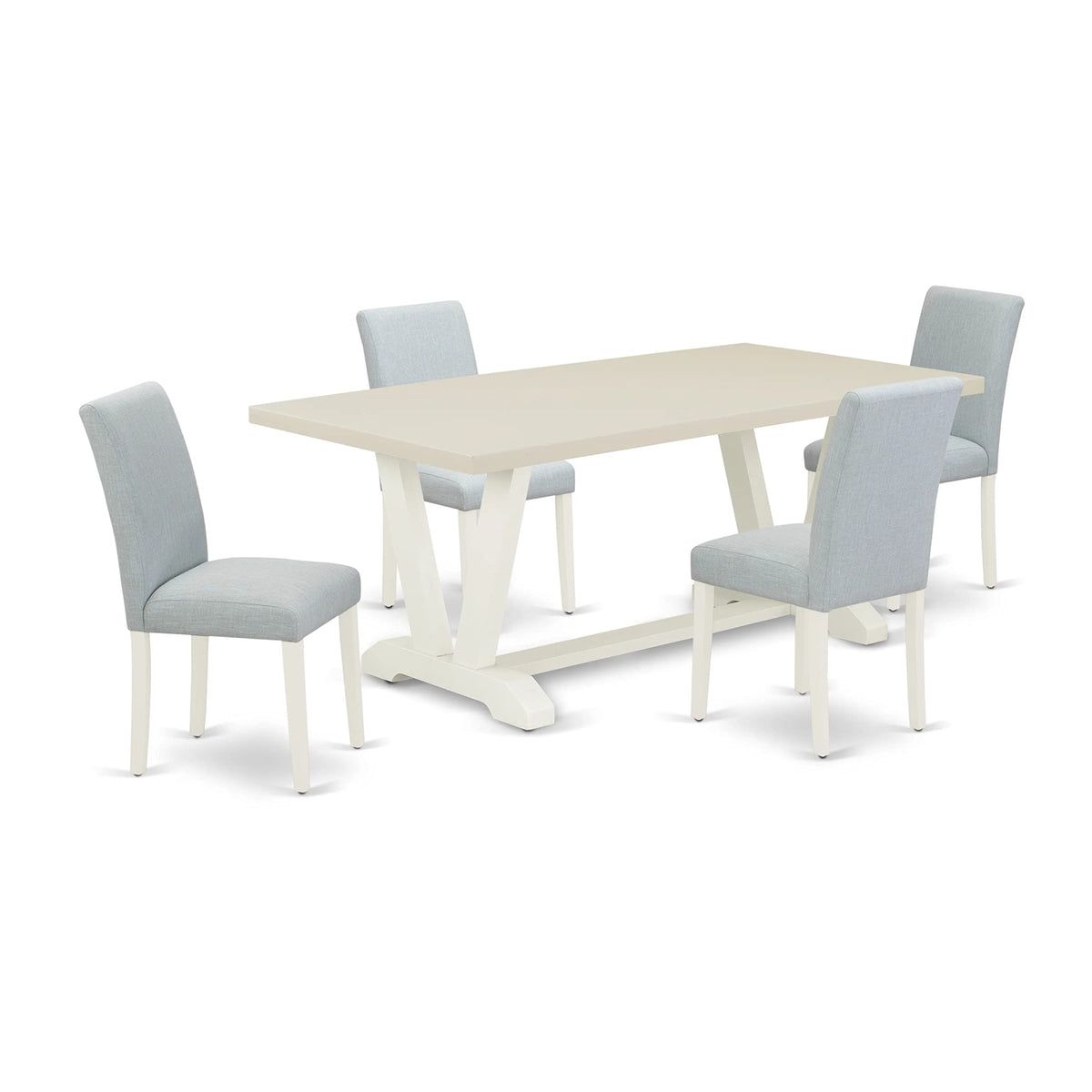 East West Furniture V027Ab015-5 V-Style 5 Piece Modern Dining Set Includes A Rectangle Wooden Table With V-Legs And 4 Baby Blue Linen Fabric Upholstered Chairs, 40X72 Inch