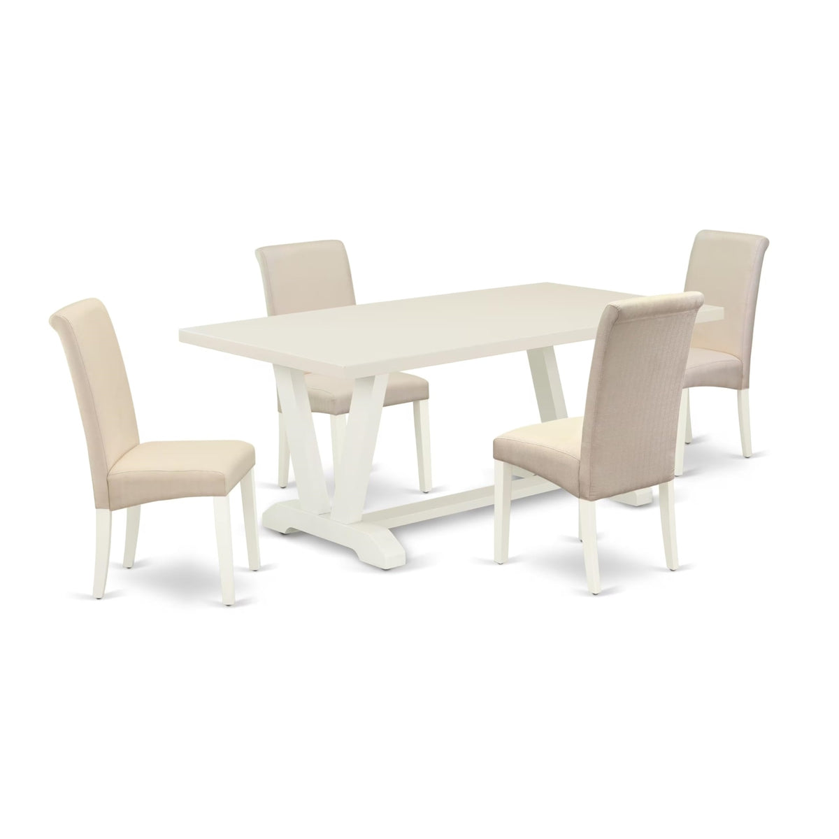 Casafoyer V027Ba201-5 5 Piece Dining Room Furniture Set Includes A Rectangle Dining Table With V-Legs And 4 Cream Linen Fabric Upholstered Chairs, 40X72 Inch, Multi-Color