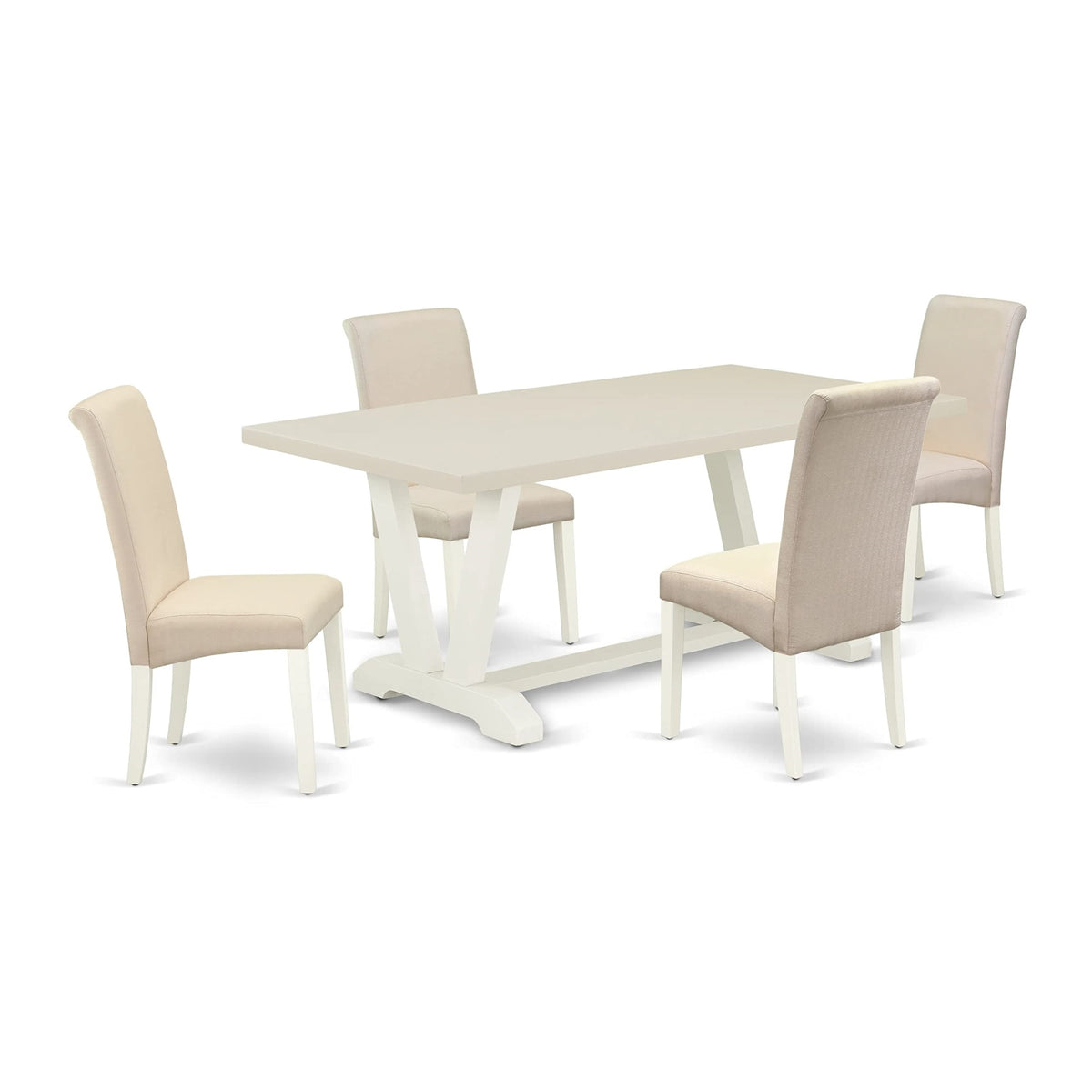 East West Furniture V027Ba201-5 V-Style 5 Piece Room Furniture Set Includes A Rectangle Dining Table With V-Legs And 4 Cream Linen Fabric Upholstered Chairs, 40X72 Inch