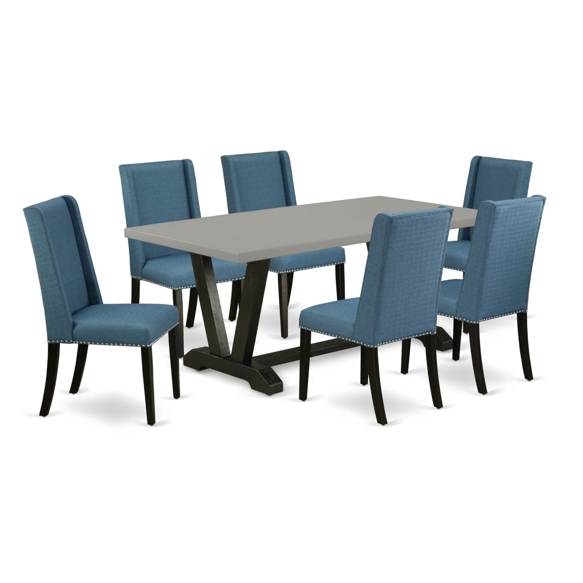 Casafoyer V697Fl121-7 7 Piece Dining Room Table Set Consist Of A Rectangle Kitchen Table With V-Legs And 6 Blue Linen Fabric Parson Dining Chairs, 40X72 Inch, Multi-Color