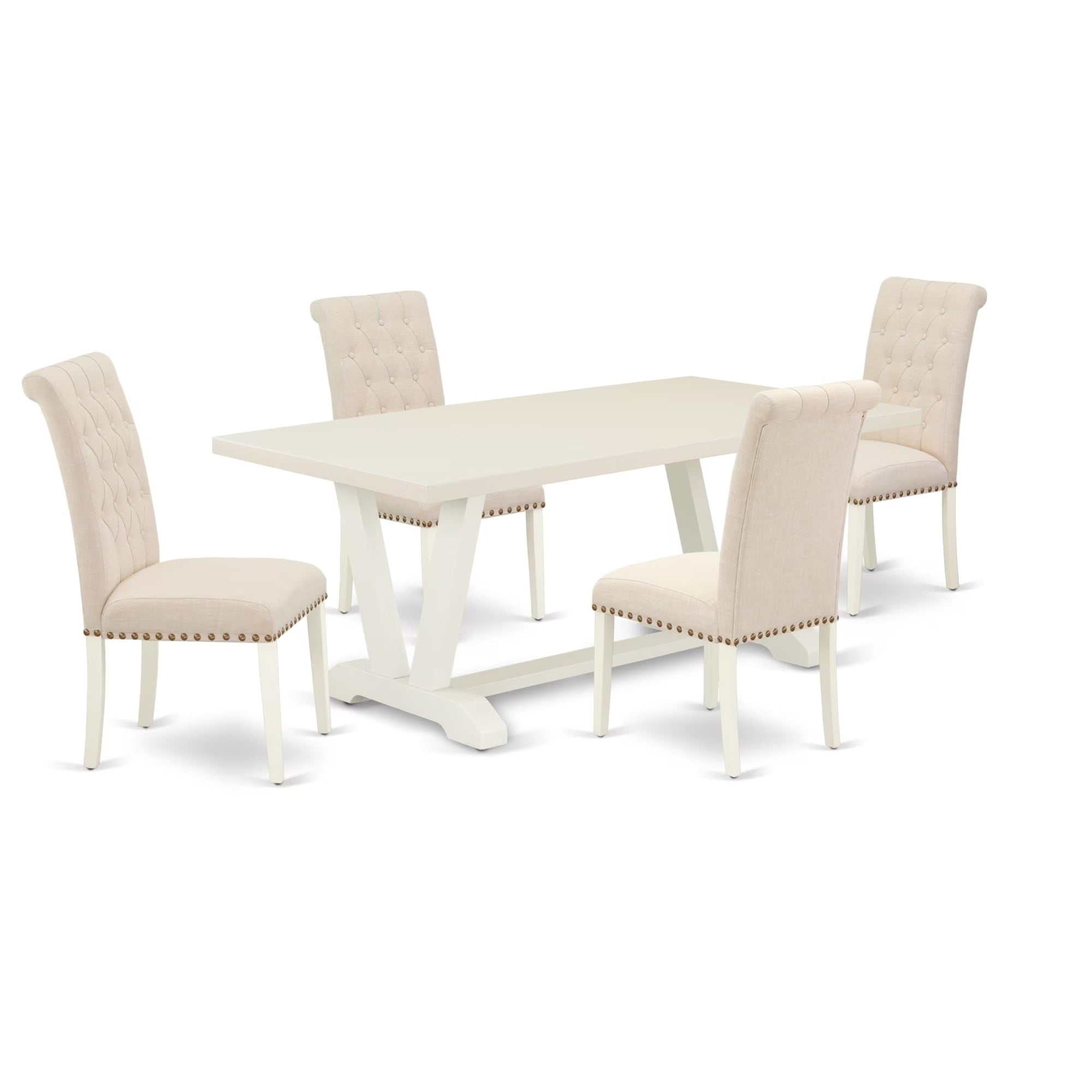 Casafoyer V-Style 5 Piece Kitchen Set For 4 Includes A Rectangle Dining Room Table With V-Legs And 4 Light Beige Linen Fabric Parsons Chairs, 40X72 Inch, V027Br202-5