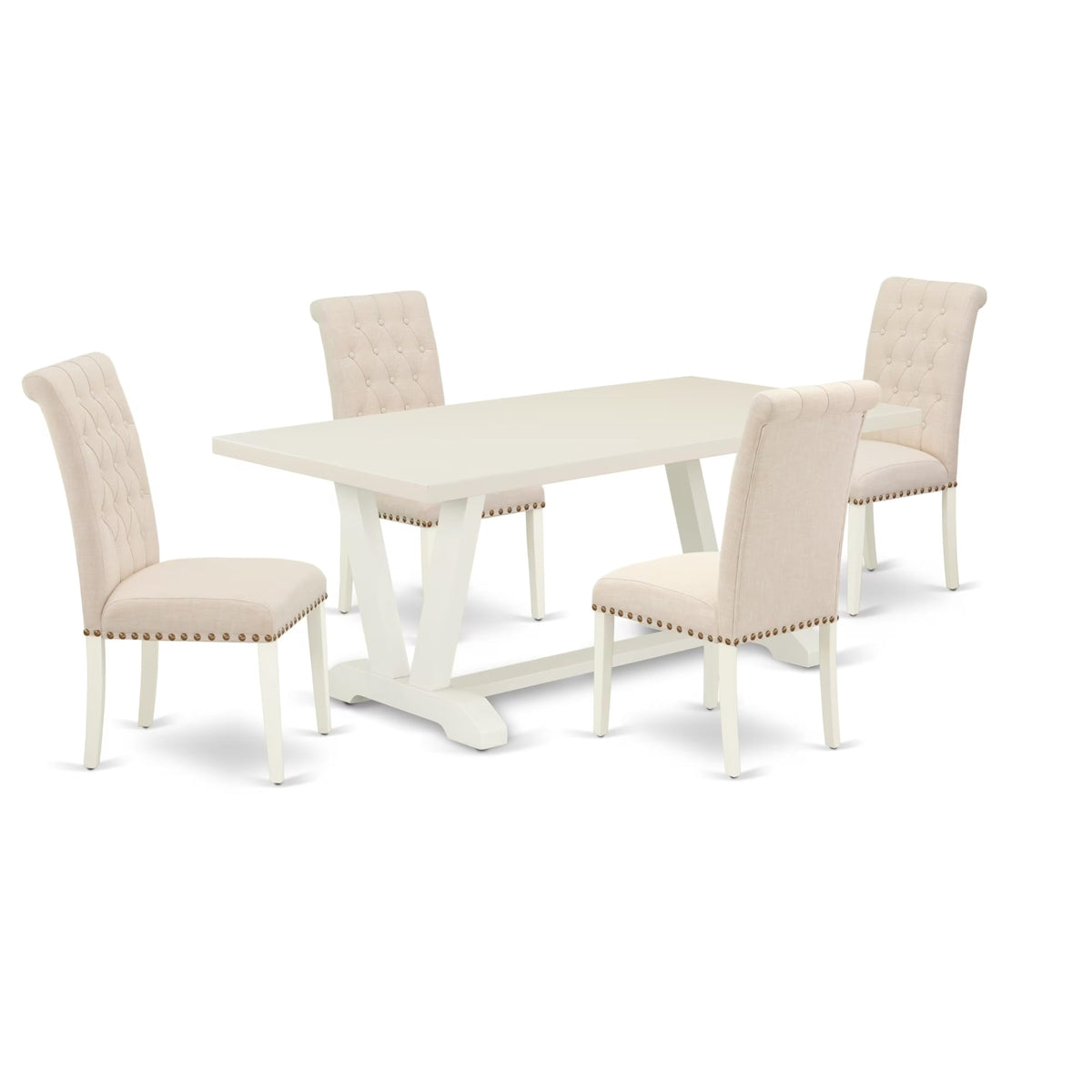 Casafoyer V-Style 5 Piece Kitchen Set For 4 Includes A Rectangle Dining Room Table With V-Legs And 4 Light Beige Linen Fabric Parsons Chairs, 40X72 Inch, V027Br202-5