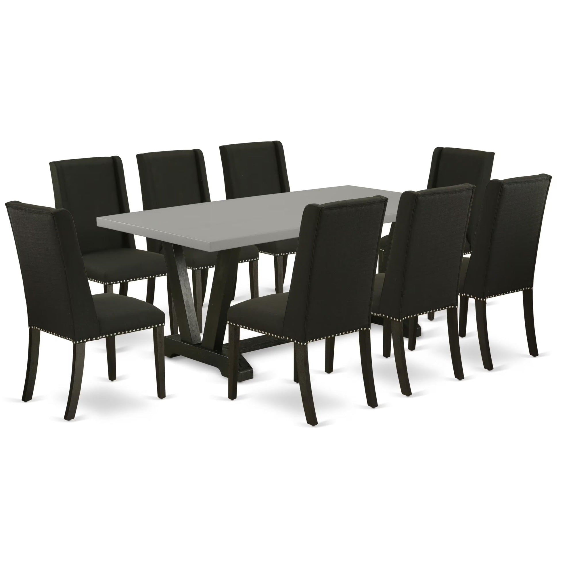 Casafoyer V-Style 9 Piece Kitchen Set Includes A Rectangle Table With V-Legs And 8 Black Linen Fabric Parson Dining Room Chairs, 40X72 Inch, V697Fl624-9