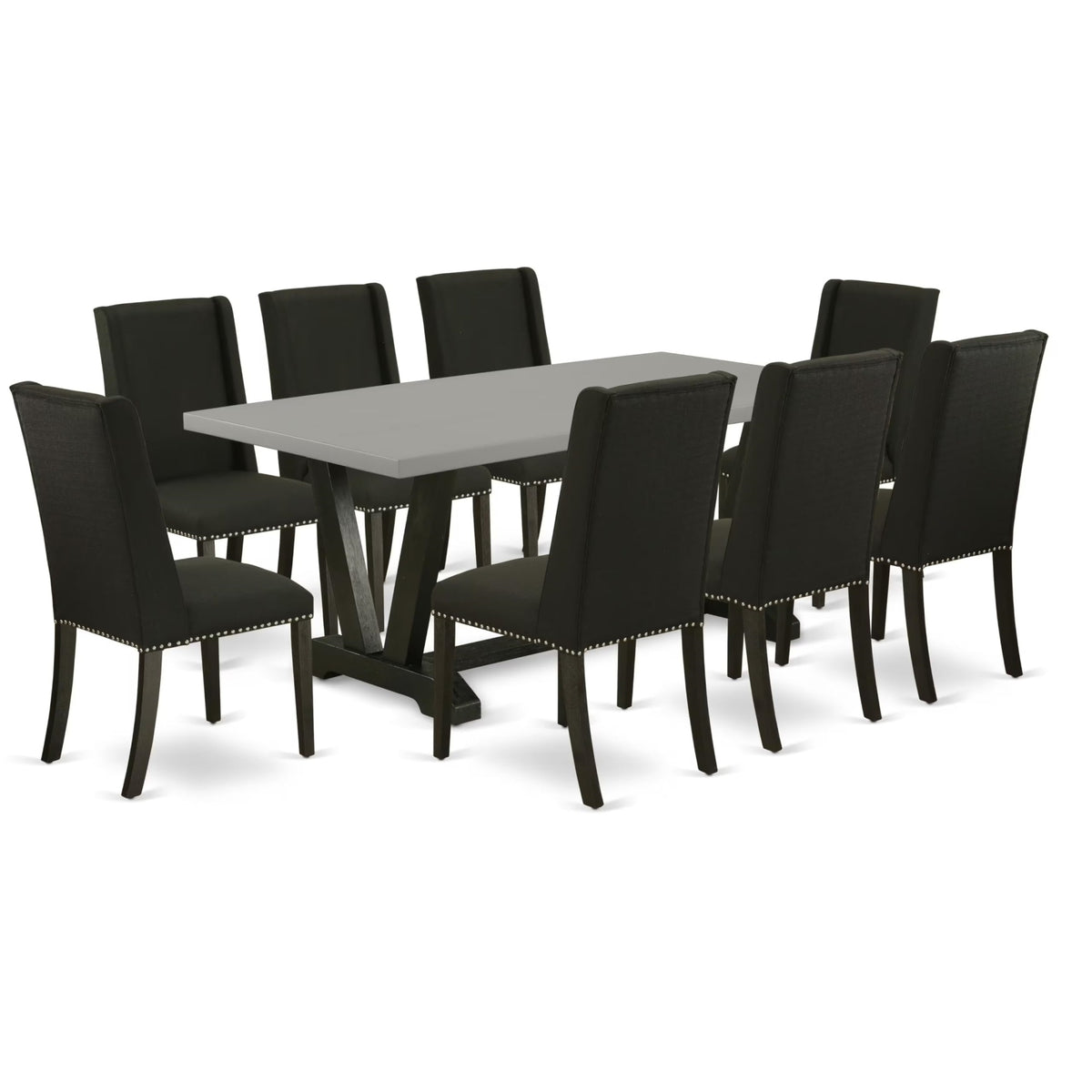Casafoyer V-Style 9 Piece Kitchen Set Includes A Rectangle Table With V-Legs And 8 Black Linen Fabric Parson Dining Room Chairs, 40X72 Inch, V697Fl624-9