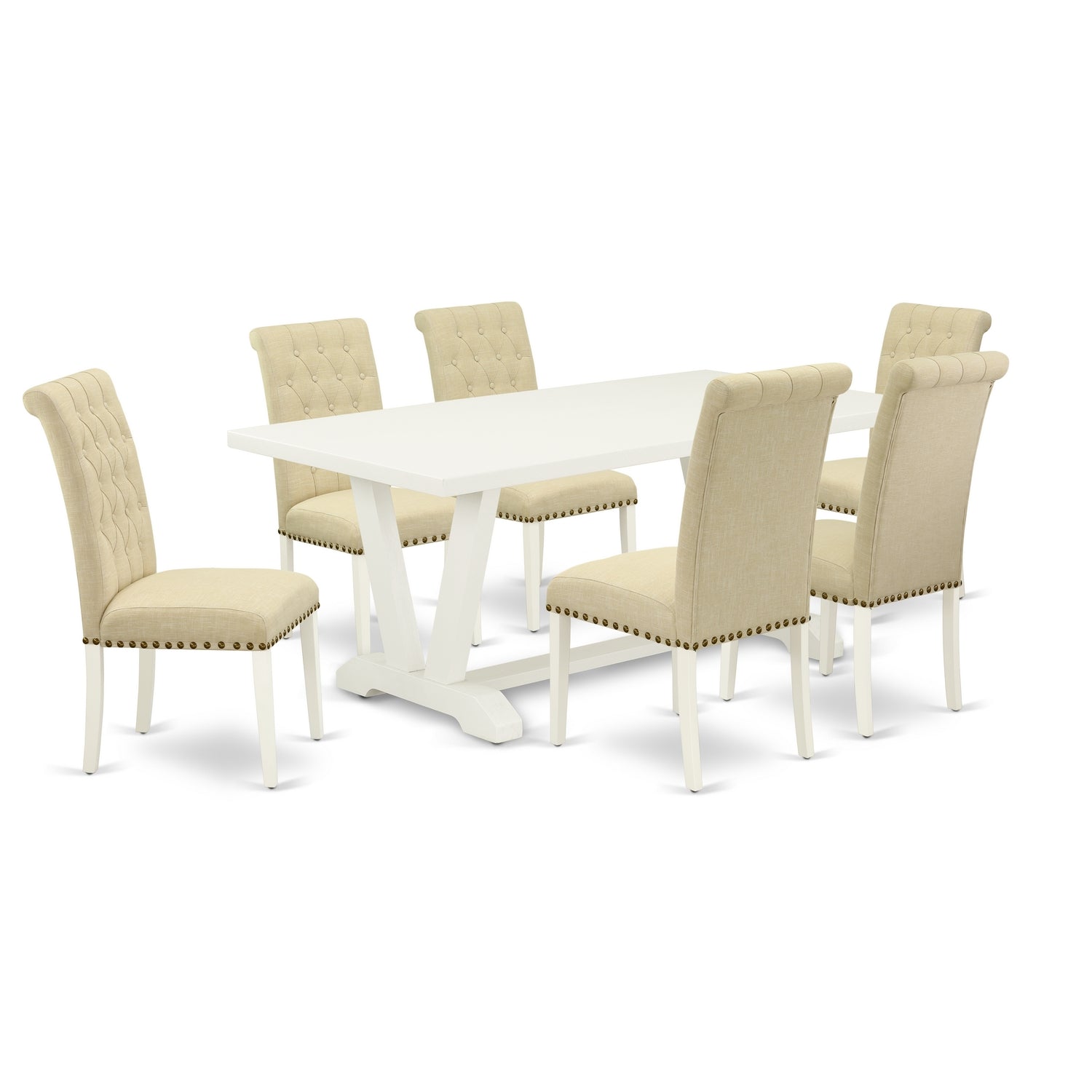 Ergode 7-Piece Dining Room Set - Linen White Table With 6 Dark Shitake Chairs - Sturdy Wood Structure - Comfortable And Elegant - Perfect For Dining And Home Parties