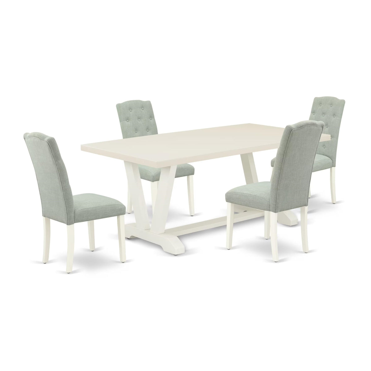 Casafoyer V-Style 5 Piece Room Furniture Set Includes A Rectangle Dining Table With V-Legs And 4 Baby Blue Linen Fabric Upholstered Chairs, 40X72 Inch, V027Ce215-5