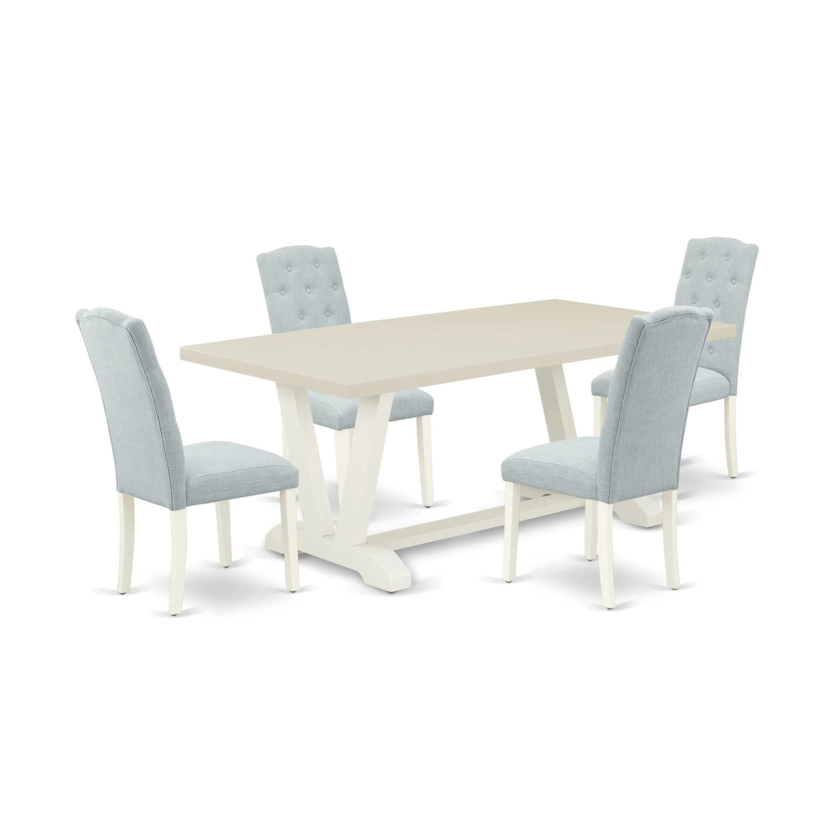 East West Furniture V027Ce215-5 V-Style 5 Piece Room Furniture Set Includes A Rectangle Dining Table With V-Legs And 4 Baby Blue Linen Fabric Upholstered Chairs, 40X72 Inch
