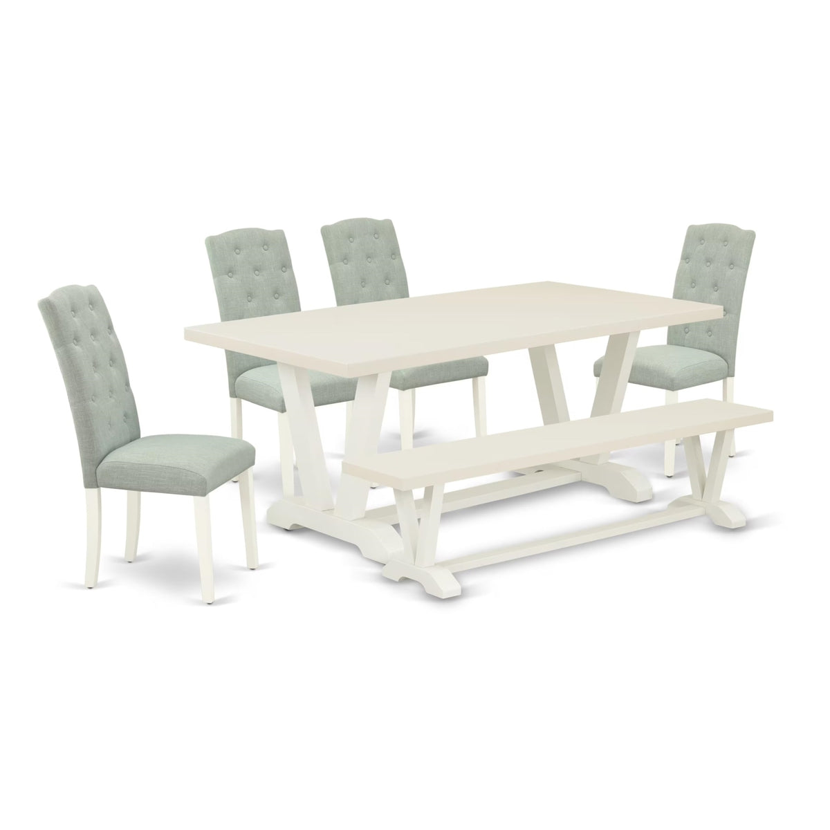 Casafoyer V027Ce215-6 6 Piece Dining Room Table Set Contains A Rectangle Kitchen Table With V-Legs And 4 Baby Blue Linen Fabric Parson Chairs With A Bench, 40X72 Inch, Multi-Color