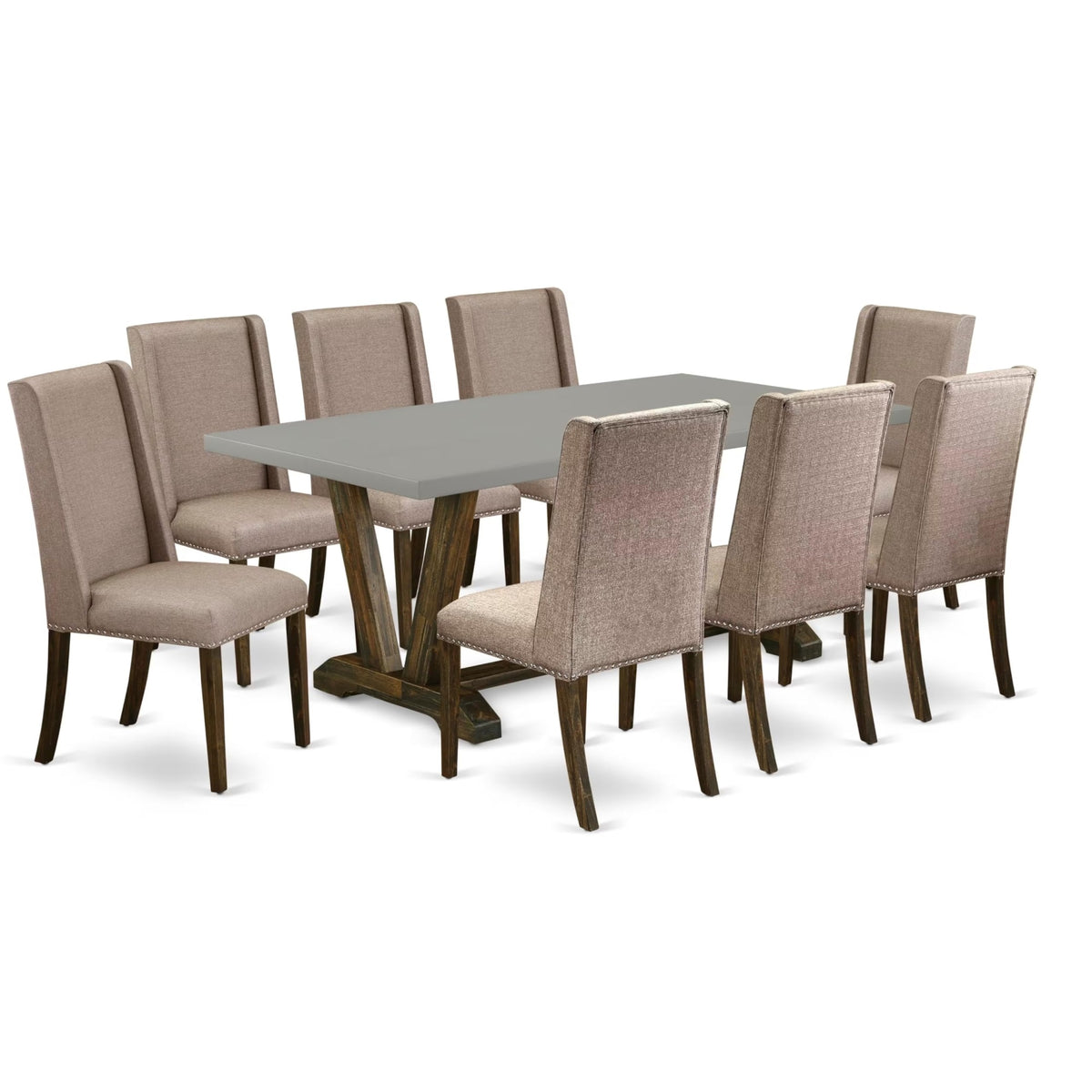 Casafoyer V-Style 9 Piece Room Set Includes A Rectangle Dining Table With V-Legs And 8 Dark Khaki Linen Fabric Upholstered Chairs, 40X72 Inch, Multi-Color