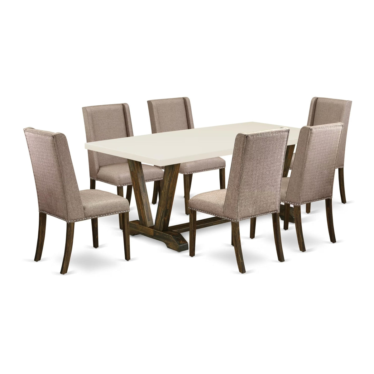 Casafoyer V-Style 7 Piece Room Set Consist Of A Rectangle Kitchen Table With V-Legs And 6 Dark Khaki Linen Fabric Parson Dining Chairs, 40X72 Inch, Multi-Color