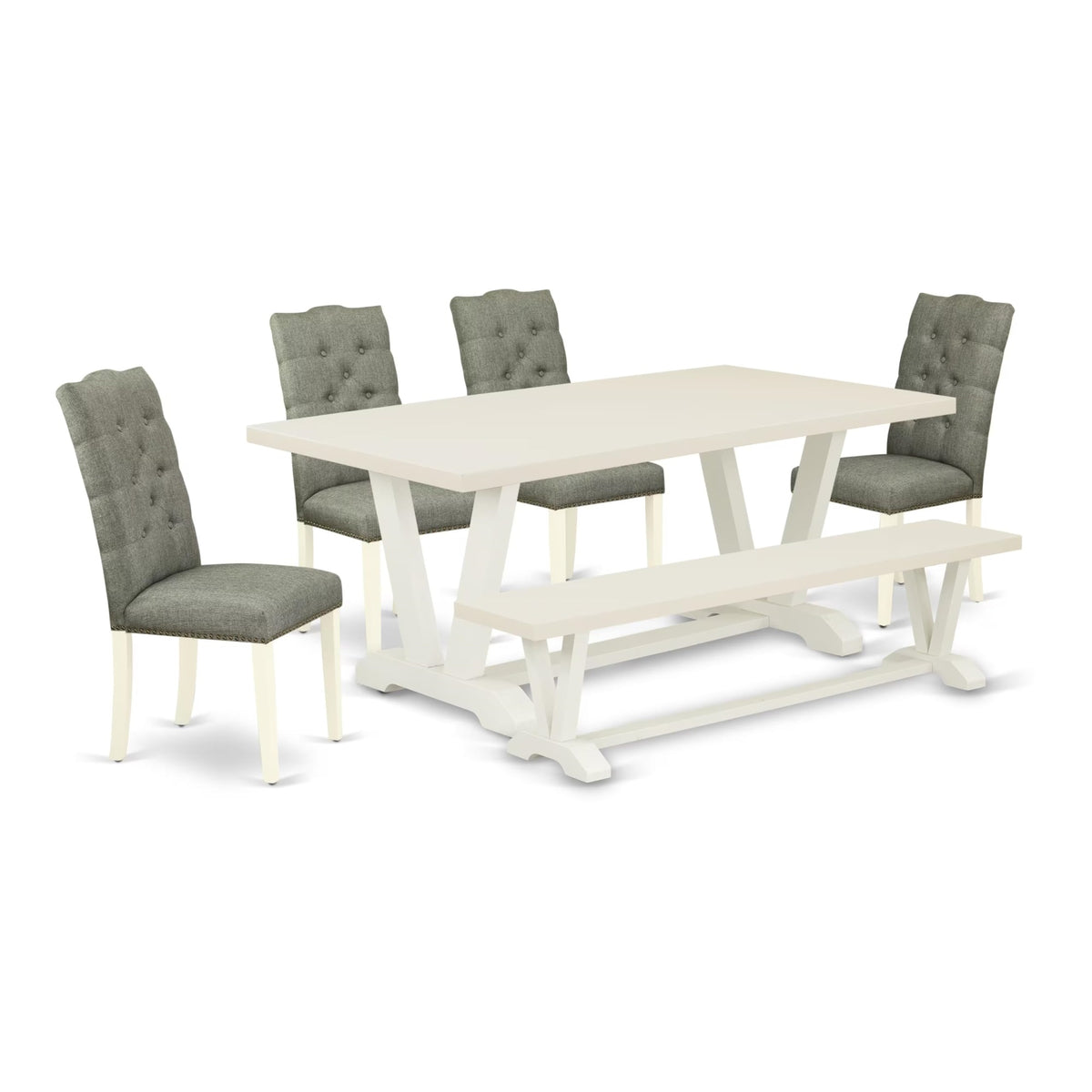 Casafoyer V-Style 6 Piece Modern Dining Set Contains A Rectangle Wooden Table With V-Legs And 4 Gray Linen Fabric Parson Chairs With A Bench, 40X72 Inch, V027El207-6