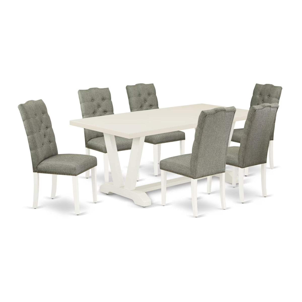 Casafoyer V-Style 7 Piece Room Set Consist Of A Rectangle Kitchen Table With V-Legs And 6 Gray Linen Fabric Parsons Dining Chairs, 40X72 Inch, V027El207-7
