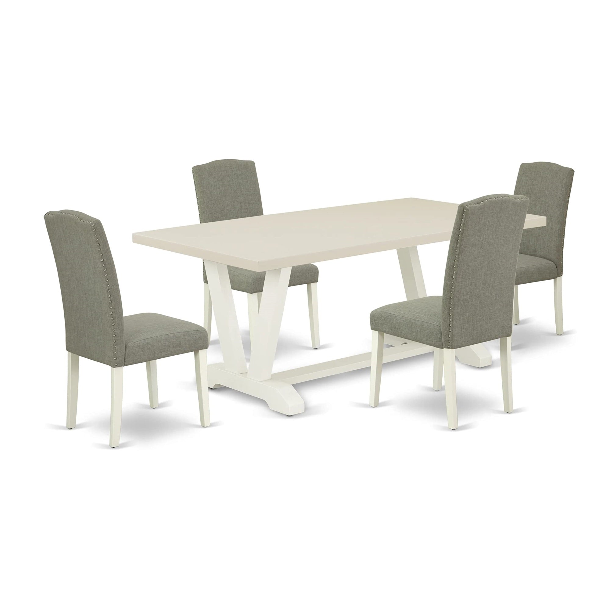 East West Furniture V027En206-5 V-Style 5 Piece Kitchen Set Includes A Rectangle Dining Room Table With V-Legs And 4 Dark Shitake Linen Fabric Parsons Chairs, 40X72 Inch