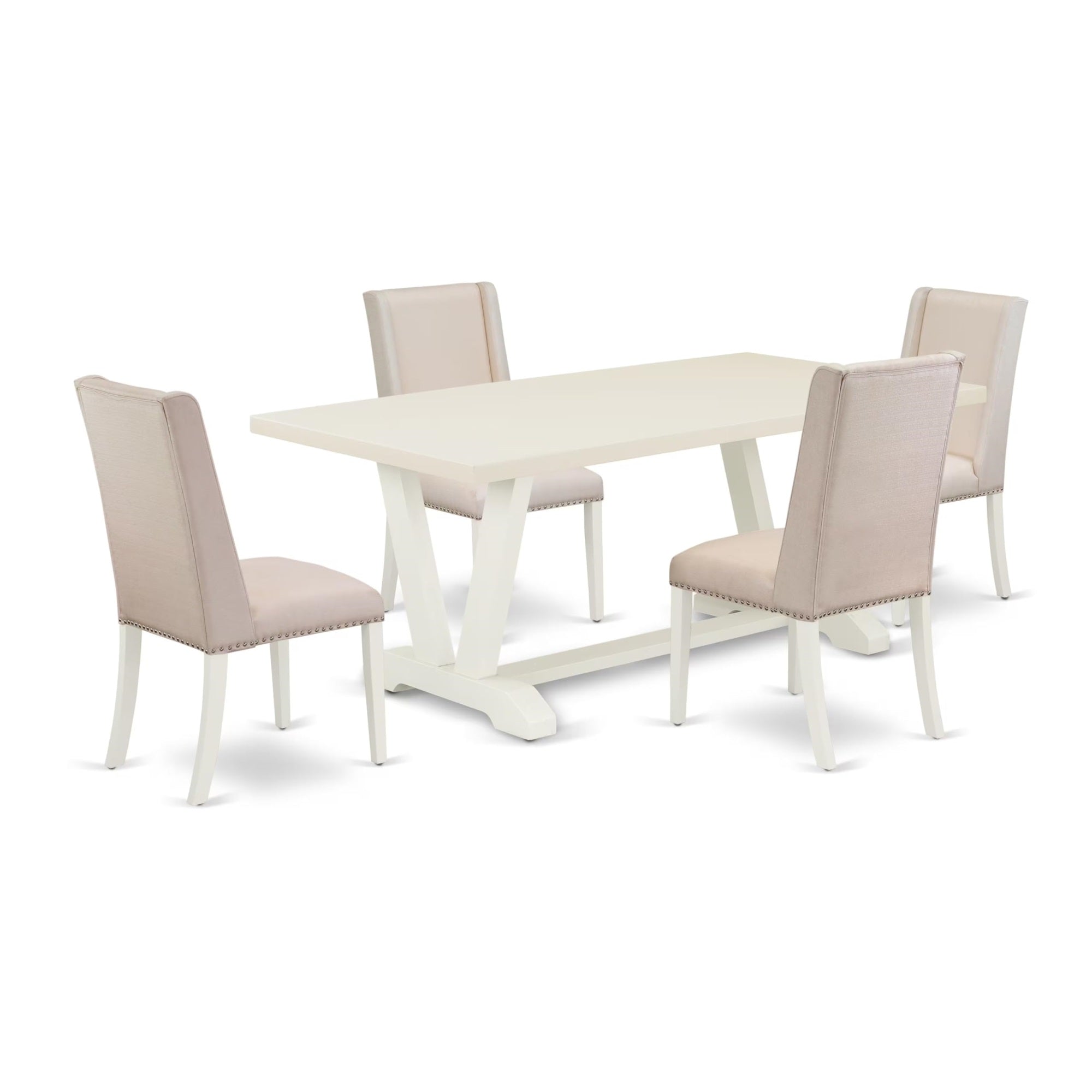 Casafoyer V-Style 5 Piece Room Furniture Set Includes A Rectangle Dining Table With V-Legs And 4 Cream Linen Fabric Parsons Chairs, 40X72 Inch, V027Fl201-5