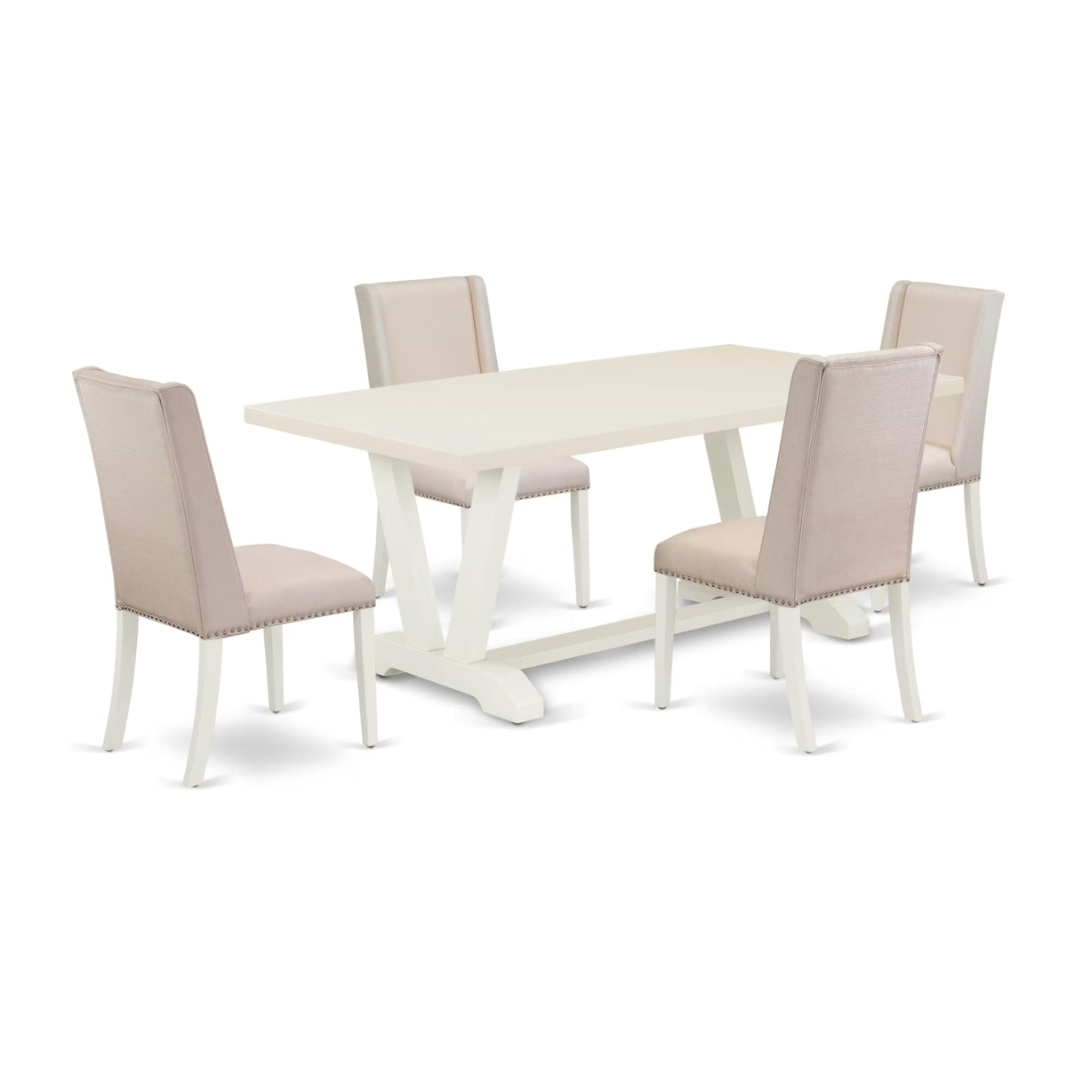 Casafoyer V-Style 5 Piece Room Furniture Set Includes A Rectangle Dining Table With V-Legs And 4 Cream Linen Fabric Parsons Chairs, 40X72 Inch, V027Fl201-5