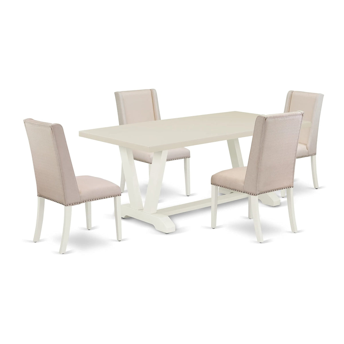 East West Furniture V027Fl201-5 V-Style 5 Piece Room Furniture Set Includes A Rectangle Dining Table With V-Legs And 4 Cream Linen Fabric Parsons Chairs, 40X72 Inch