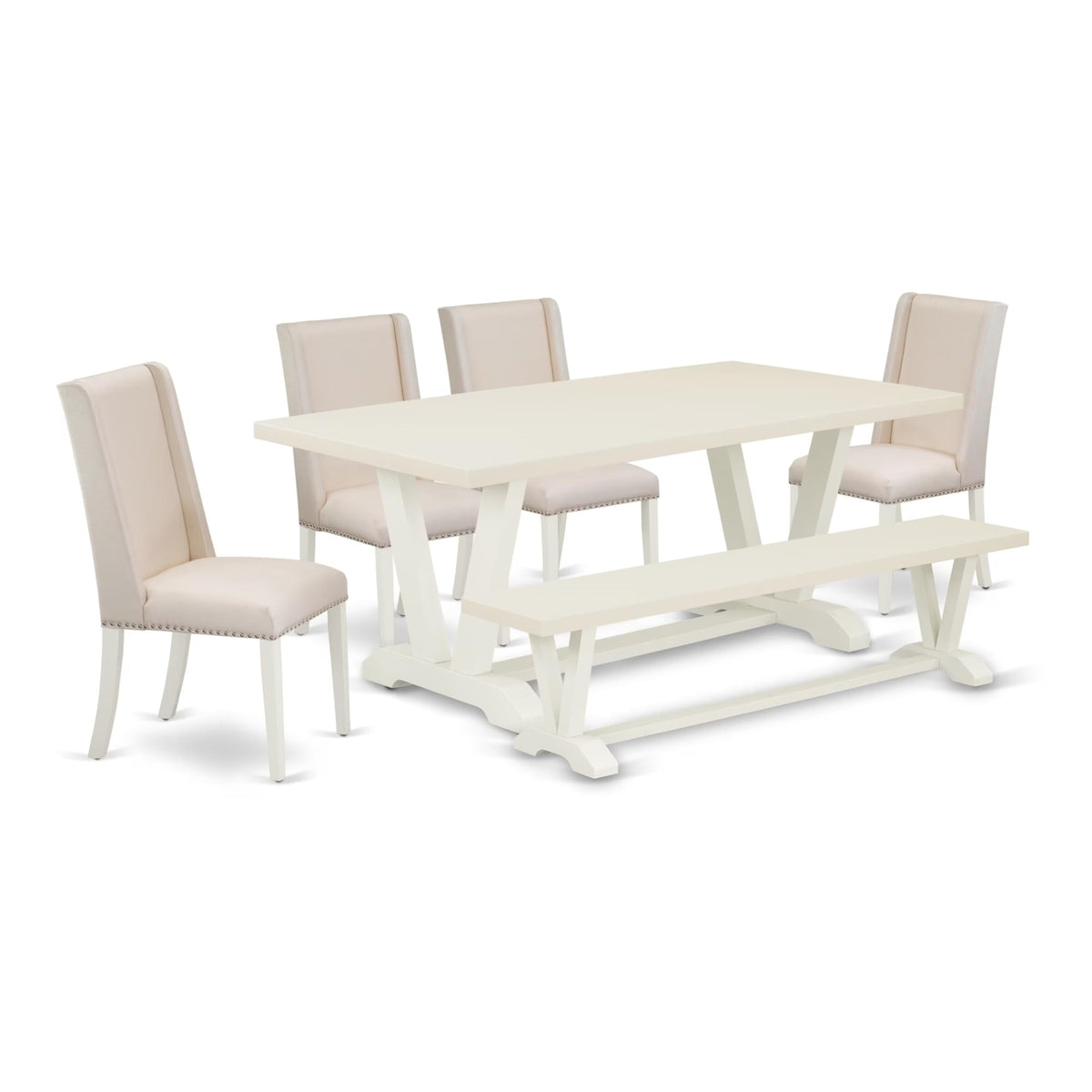 Casafoyer V-Style 6 Piece Room Set Contains A Rectangle Dining Table With V-Legs And 4 Cream Linen Fabric Parson Chairs With A Bench, 40X72 Inch, V027Fl201-6