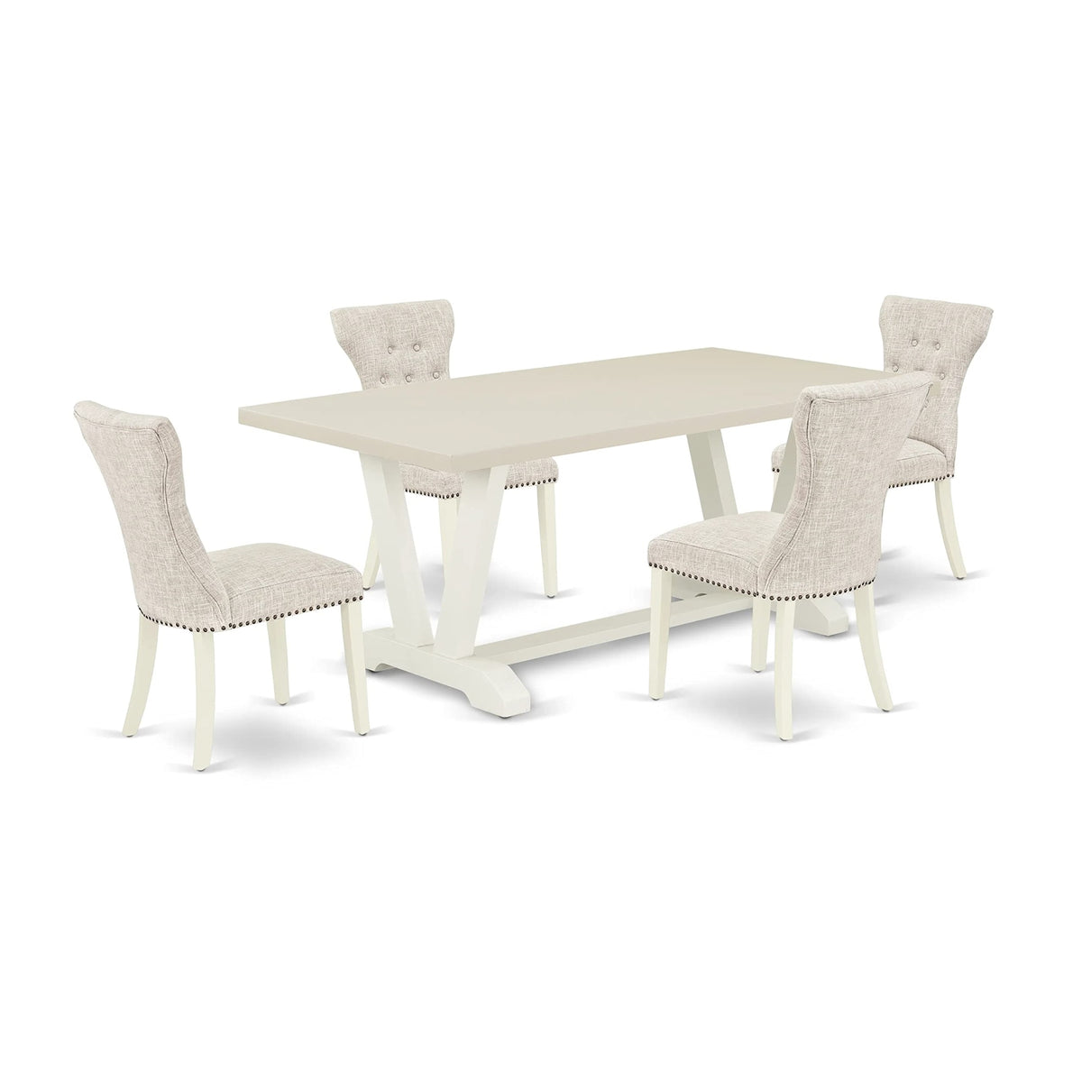 East West Furniture V027Ga235-5 V-Style 5 Piece Set Includes A Rectangle Dining Room Table With V-Legs And 4 Doeskin Linen Fabric Upholstered Parson Chairs, 40X72 Inch